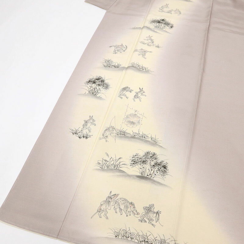 【中古】長尺 付下げ 与謝の倭文紬『鳥獣人物戯画』セミフォーマル 暁鼠色 身丈168.5cm 裄丈68.5cm袷正絹着物 MP1-3 lsize トールサイズ リサイクル着物 街着 観劇 外出着 女子会 ランチ 普段着物 名古屋帯 半幅帯［きものふりく］