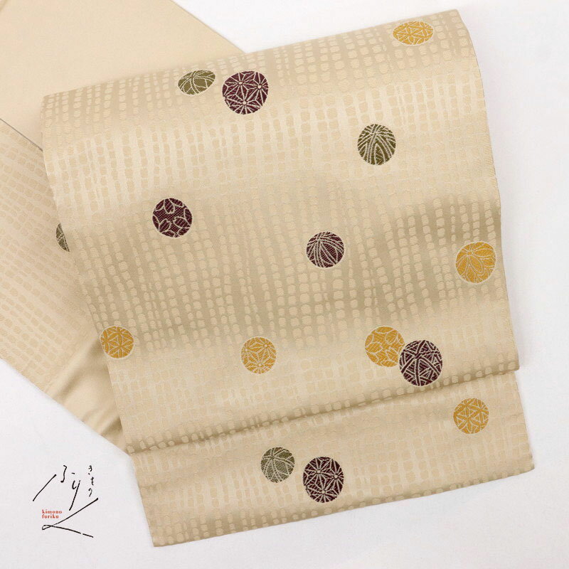 【楽天スーパーSALE10％OFF】【中古】名古屋帯 シンプル大小手毬模様 クリーム色 カジュアル 長さ352.5cm 帯巾31cm 正絹着物 NY3-18 街着 お稽古着 普段着物 名古屋帯 半幅帯 古着 ［きものふりく］