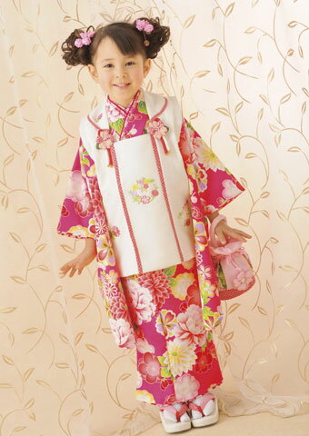 【レンタル】 七五三 753 3歳 女の子 女子 着物セット ピンク 赤色 白色 花柄 ブランド 式部浪漫 被布セット3歳 被布セット きもの 往復送料無料 3kodomo-0083