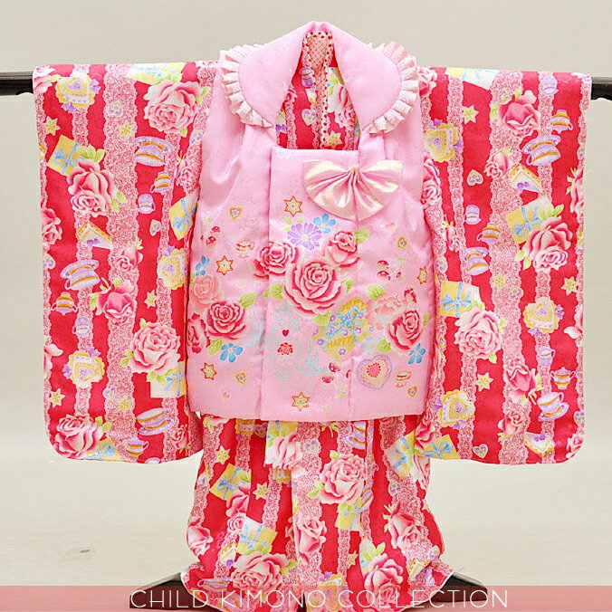 【レンタル】七五三 着物 3歳 レンタル 七五三 753 3歳 女の子 着物セット 被布セット 7点セット リボン バラ レース柄 赤 ピンク レッド 女子 子供用着物 こども 子ども きもの 赤 赤色 朱色 レッド 花柄 はな 往復送料無料 re-3kodomo-0034