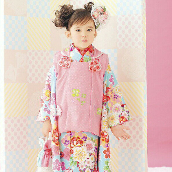 【レンタル】七五三 着物 3歳 女の子 着物セット 被布セット ブランド 式部浪漫 水色 ピンク色 四葉 クローバー 花柄 はな7点セット 往復送料無料 re-...