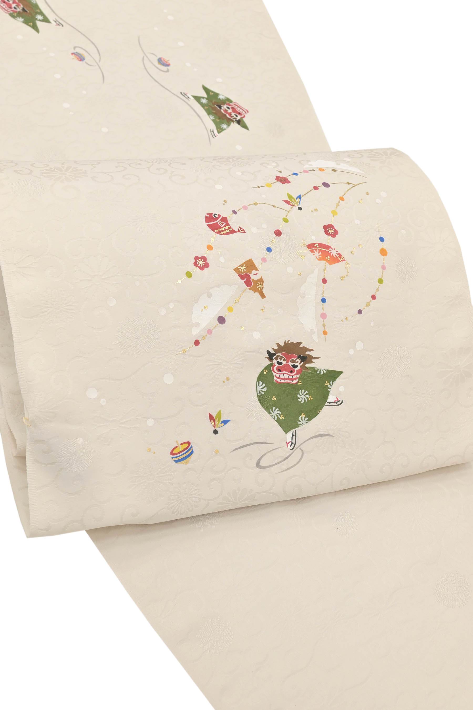 【京都富小路きねや】 綸子型染め九寸名古屋帯 「お正月」 鮮やかな彩りと金彩で表情豊かに もういくつ寝ると…お正月！