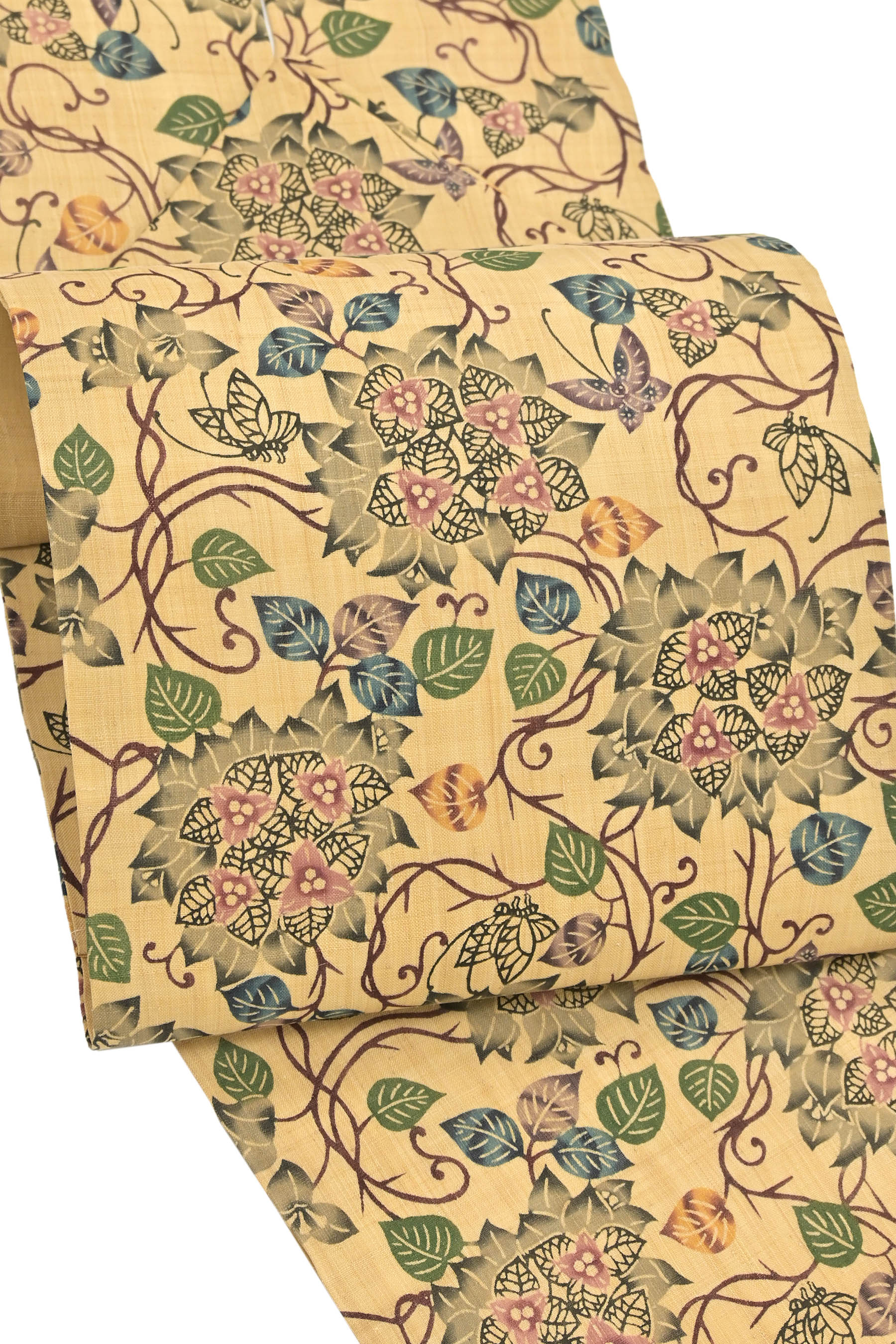 【夏物最終売り尽くしバーゲン】 【夏物】 【城間栄順】 特選本場琉球紅型九寸名古屋帯 芭蕉布地 ≪お仕立て上がり・中古美品≫ 「ブーゲンビリアに胡蝶」 憧れの紅型帯… 芭蕉布を染めた夏の工芸品！のサムネイル