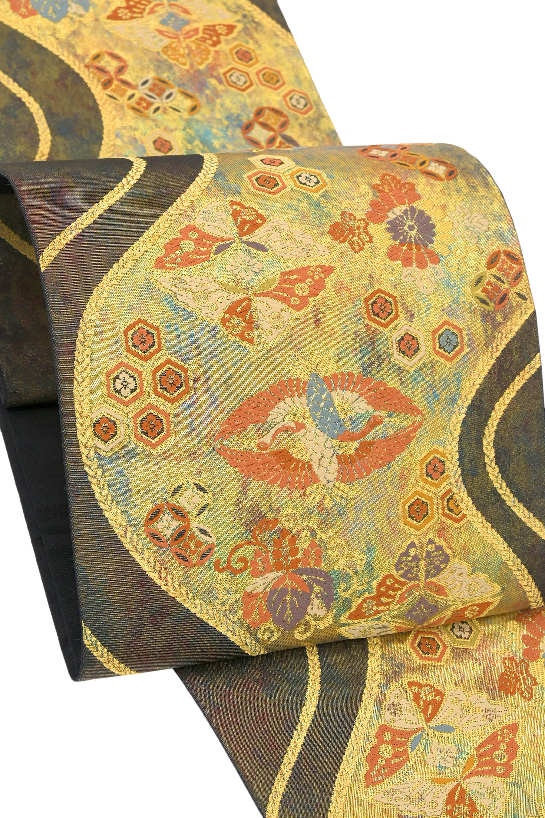 【ブラックフライデー限定】 【川島織物】 特選西陣織本袋帯 ≪御仕立て上がり・中古品≫ 「流線向鶴蝶紋..