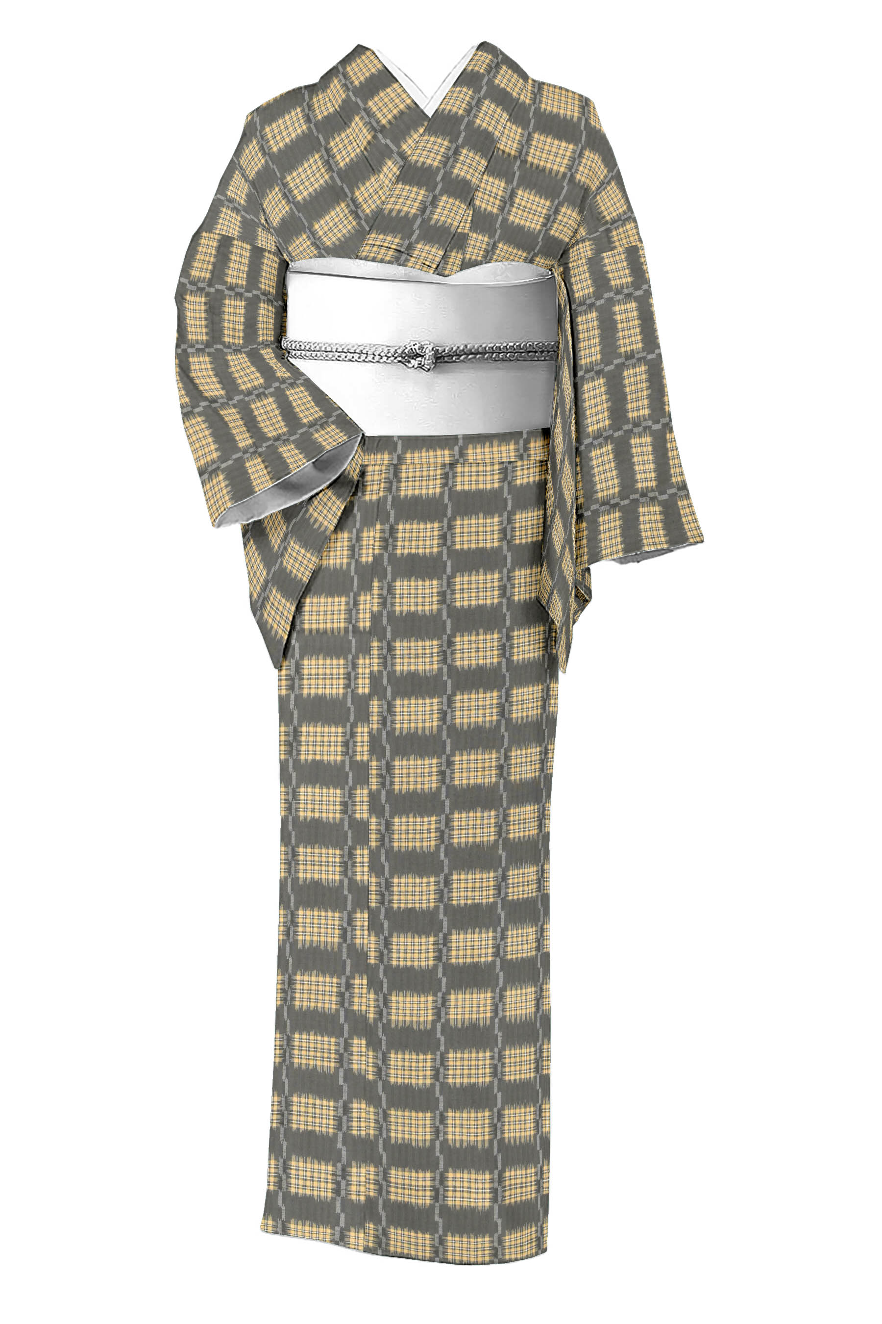 【大蔵ざらえ】【単衣】十日町名機屋【根啓織物】特選十日町紬 ≪お仕立て上がり・中古美品≫「華まゆ紬・格子紋」ふっくらとぬくもりの真綿の風合い…シンプルモダンな重宝紬!身丈160 裄70.5