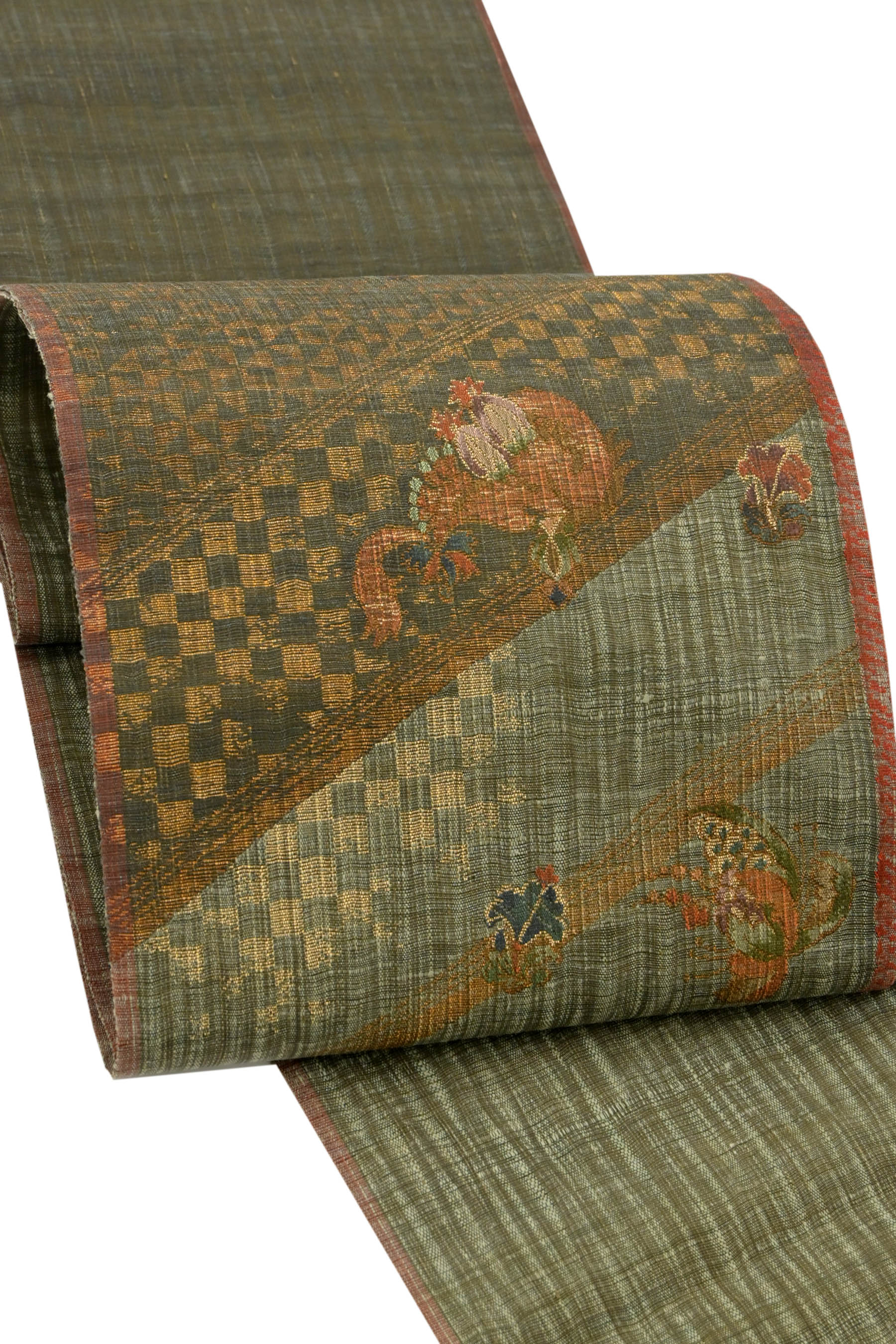 【渡文】 特選西陣織手織り袋帯 すくい織 ≪御仕立て上がり・中古美品≫ 「印度サリー唐花紋」 紬糸と金..