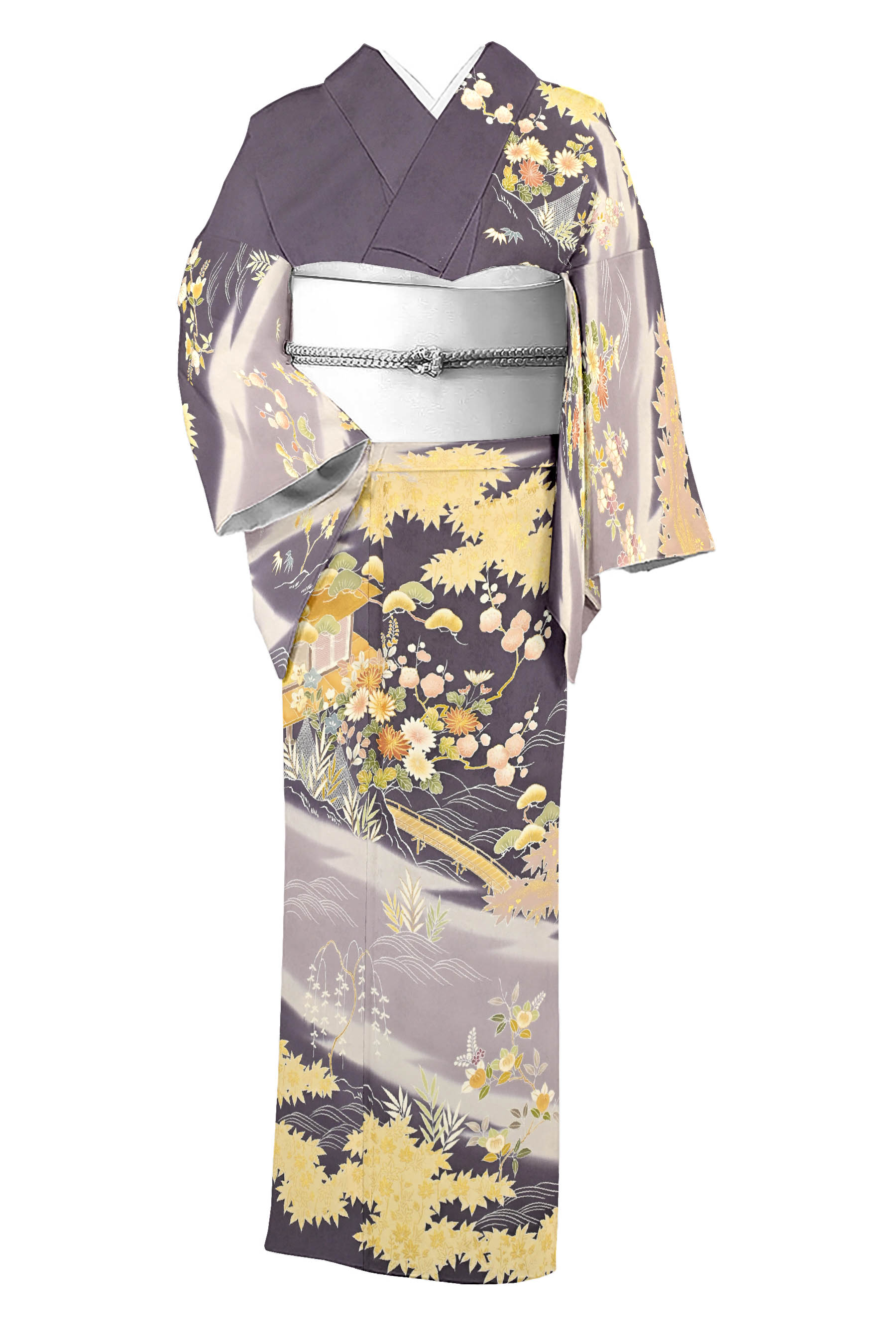 【お得なエブリデイロープライス】 正絹手加工友禅訪問着 紋意匠地 金駒刺繍 ≪御仕立て上がり・中古美品≫ 「典雅霞地御所解紋」 定番の古典柄で末永く フォーマルにおすすめ 身丈154.5　裄64.5のサムネイル