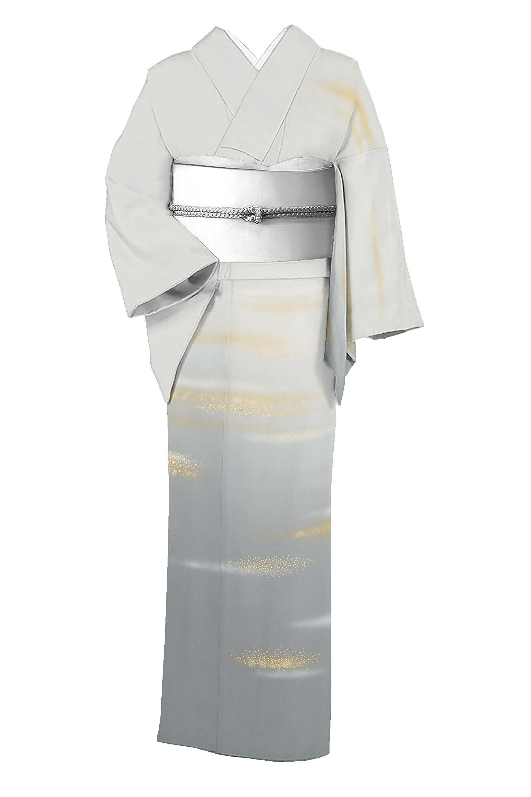 【大蔵ざらえ】 【人間国宝　故：福田喜重】 特選工芸摺箔訪問着 ≪お仕立て上がり・中古美品≫ 「切金霞・白鼠色」 繊細な箔の艶めき… これぞ人間国宝の御業！ 身丈151　裄66