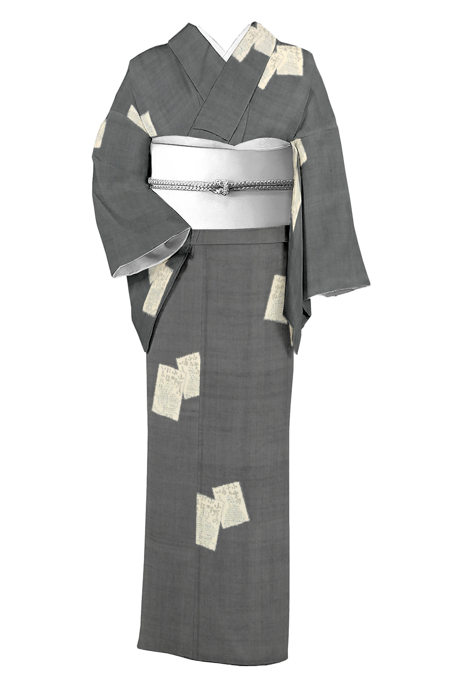 【大蔵ざらえ】 【十日町紬】≪お仕立て上がり・中古美品≫ 創作正絹絵絣紬 「かるた紋様」 ☆さりげなく個性のおしゃれ… 身丈157.5 裄64.4