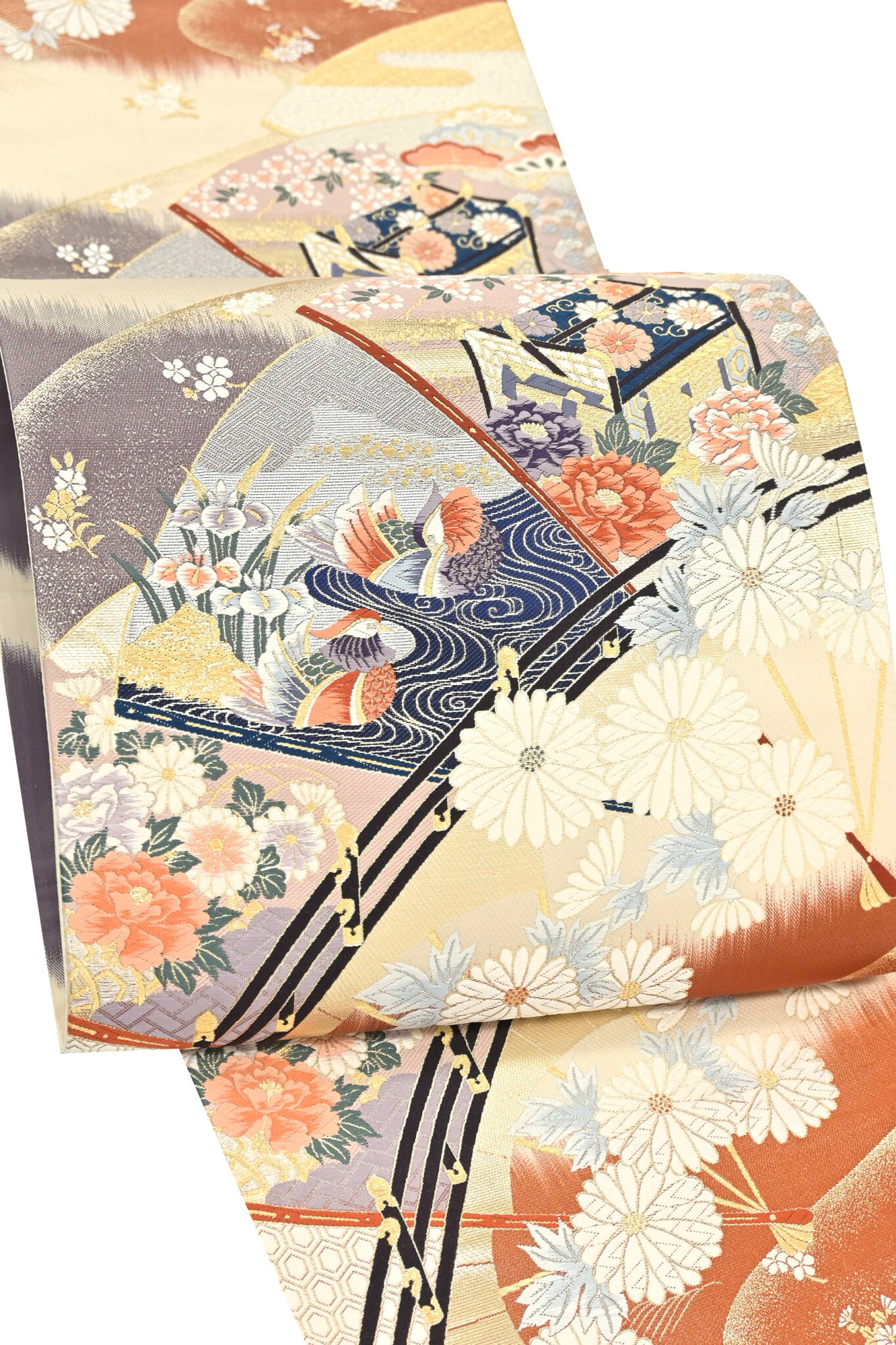 【お仕立て上がり・中古美品】 正絹唐織袋帯 「扇面菊文様」 雅やかで繊細な美意匠