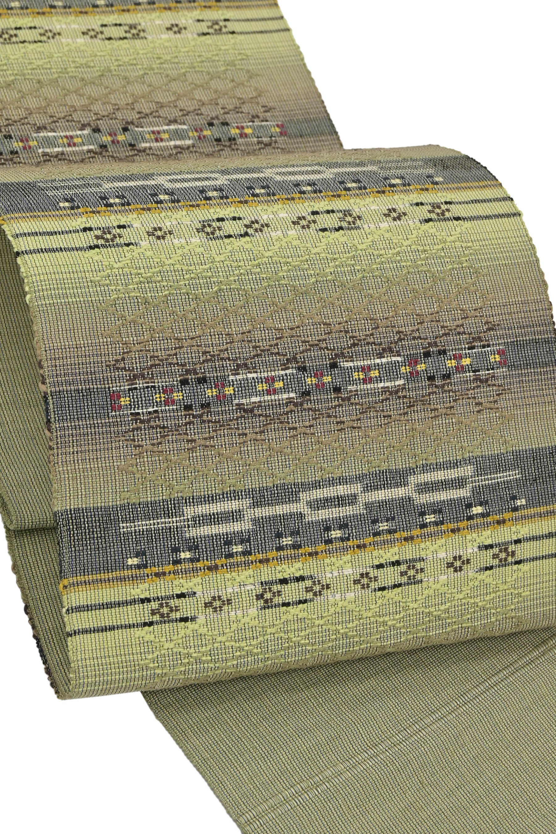 【大蔵ざらえ】 【琉球花織】特選手織り紬九寸名古屋帯 ≪仕・中古美品≫ 「翠仄」 琉球の自然を写して… 素朴な中にセンス漂う一条。 優しく穏やかに…