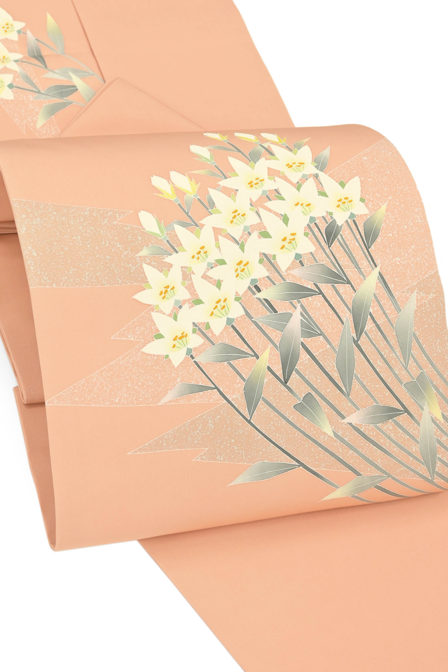 【半期決算大バーゲン】 【日本工芸会正会員　中川正洋】 高級蒔糊友禅九寸名古屋帯 ≪御仕立て上がり・中古美品≫ 「白桔梗」 四季折々の自然美… 確かな染技、風趣な表情！