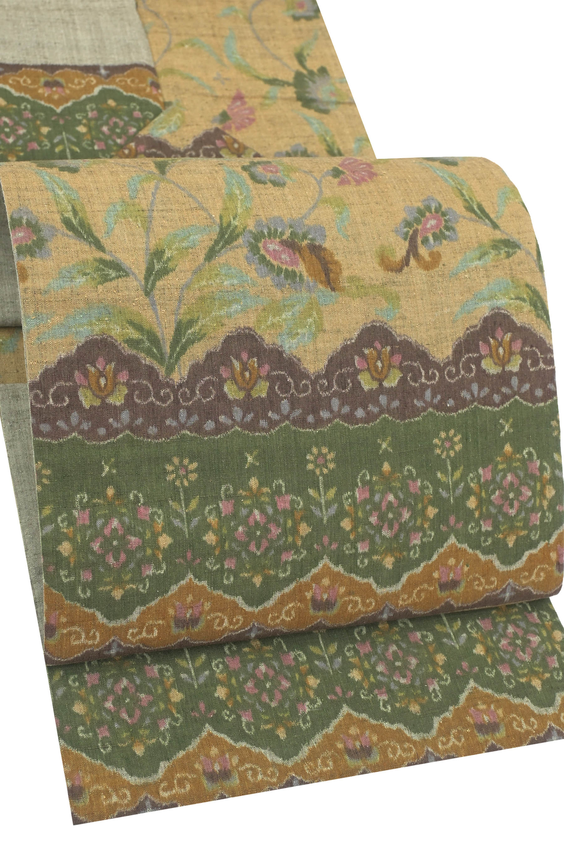 【本場結城紬】 特選手織り真綿紬九寸名古屋帯 地機・手織り・諸絣 ≪御仕立て上がり・中古美品≫ 「唐花」 通が求めるこの風合い… 何と諸絣の九寸！