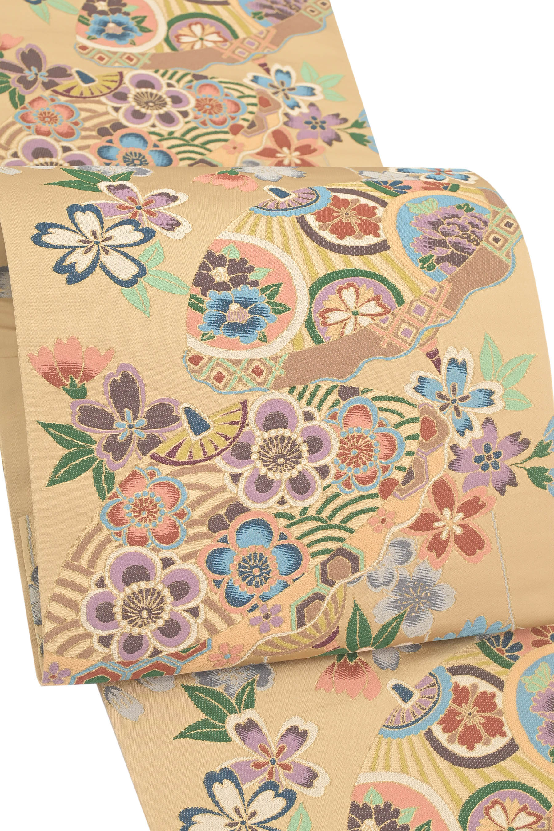 【大蔵ざらえ】 【白綾苑大庭】 特選西陣織袋帯 ≪お仕立て上がり・中古美品≫ 「桜に花傘」 一目で分かる、名機の織… 華やかにパーティーやお食事会の装いに！