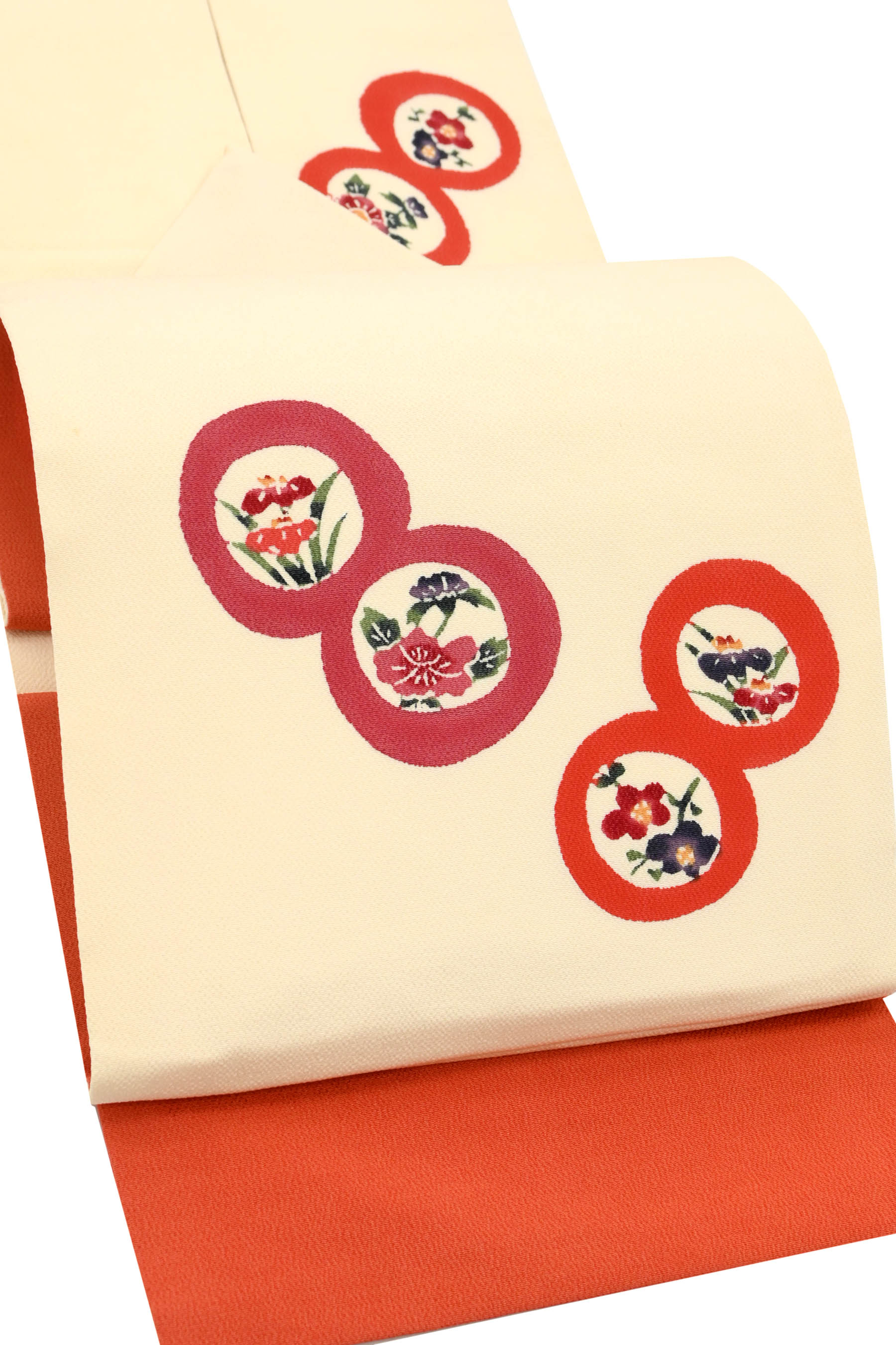 歳末在庫処分！【お仕立て上がり・中古美品】本手加工友禅染め縮緬九寸名古屋帯「丸に花紋様」絶妙な本手加工！上質な逸品！