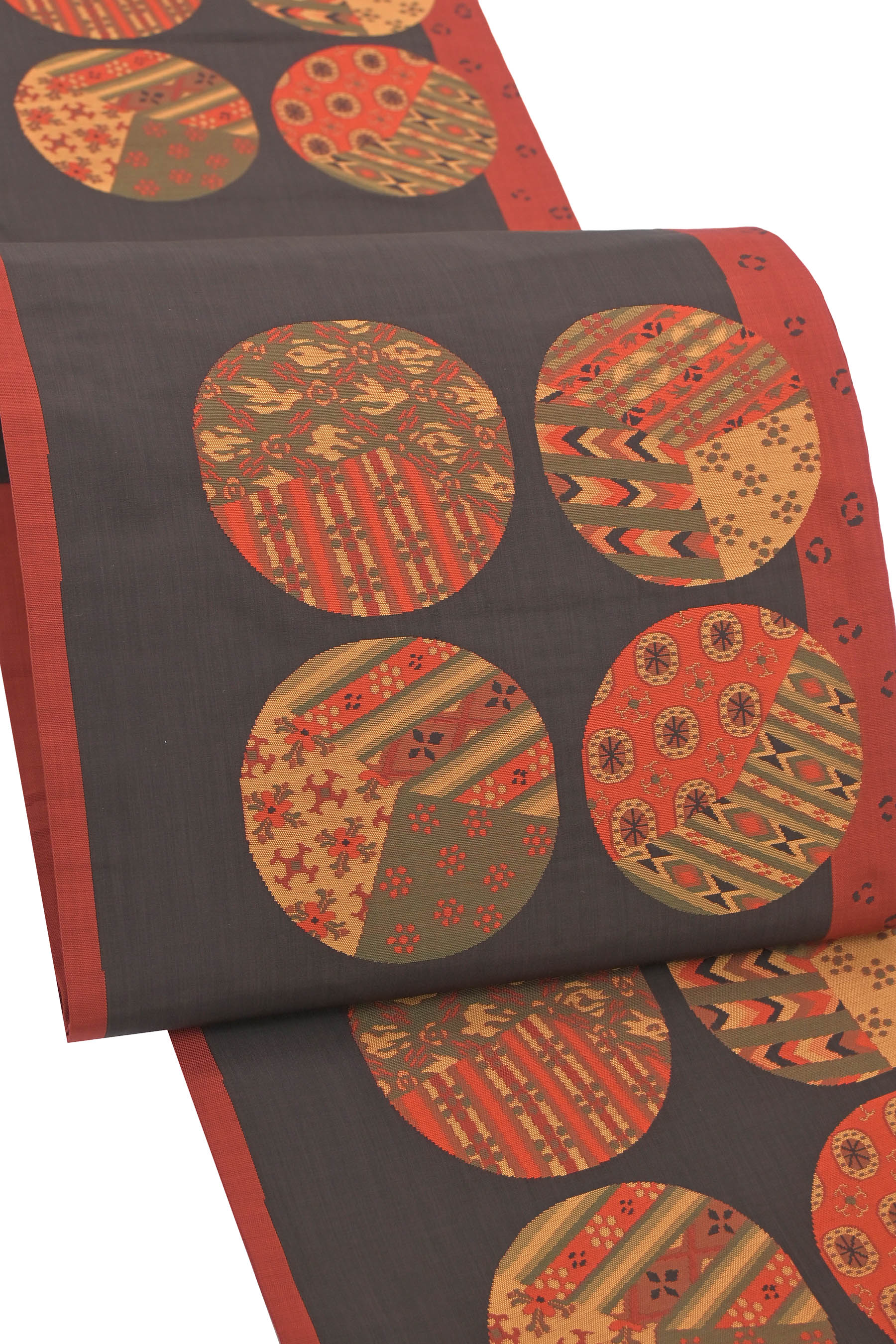 【工芸帯地　木屋太】 特選西陣織本袋帯 ≪御仕立て上がり・中古美品≫ 「古渡裂円文」洒落味のコントラ..