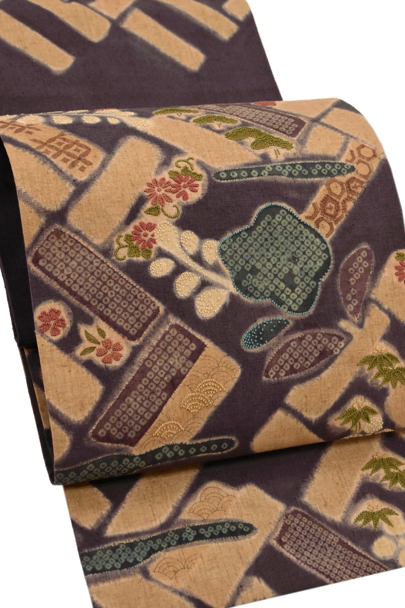 【お得なエブリデイロープライス】 【相良刺繍】 特選本手加工友禅紬袋帯 ≪御仕立て上がり・中古美品≫ 「網代に松竹梅」 染めと縫いの技巧凝らした… 確かな加工の一条!