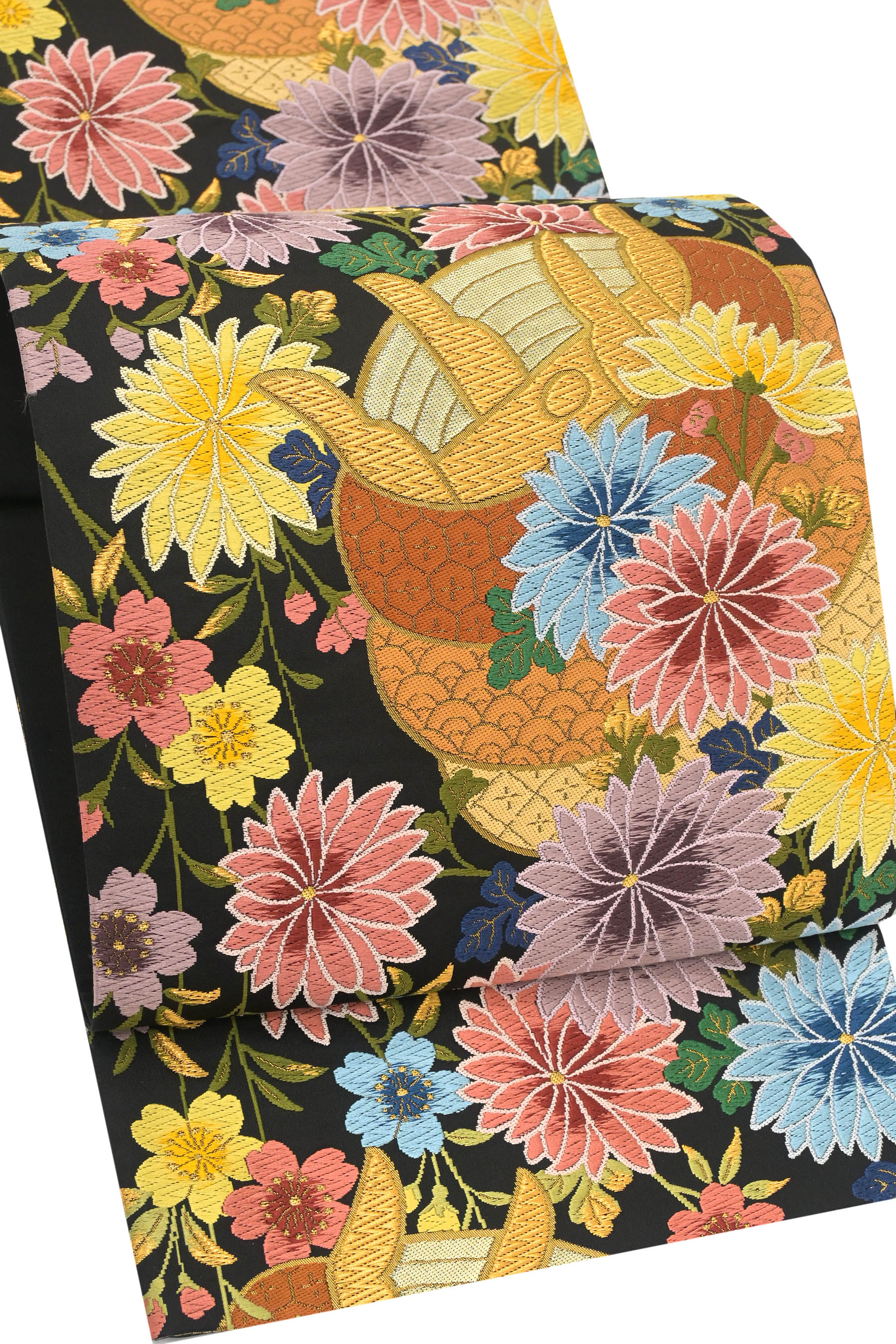 【白綾苑大庭】 特選西陣織袋帯 ≪御仕立て上がり・中古美品≫ 「喝采花糸巻文」 差がつく一条。唯一無二..