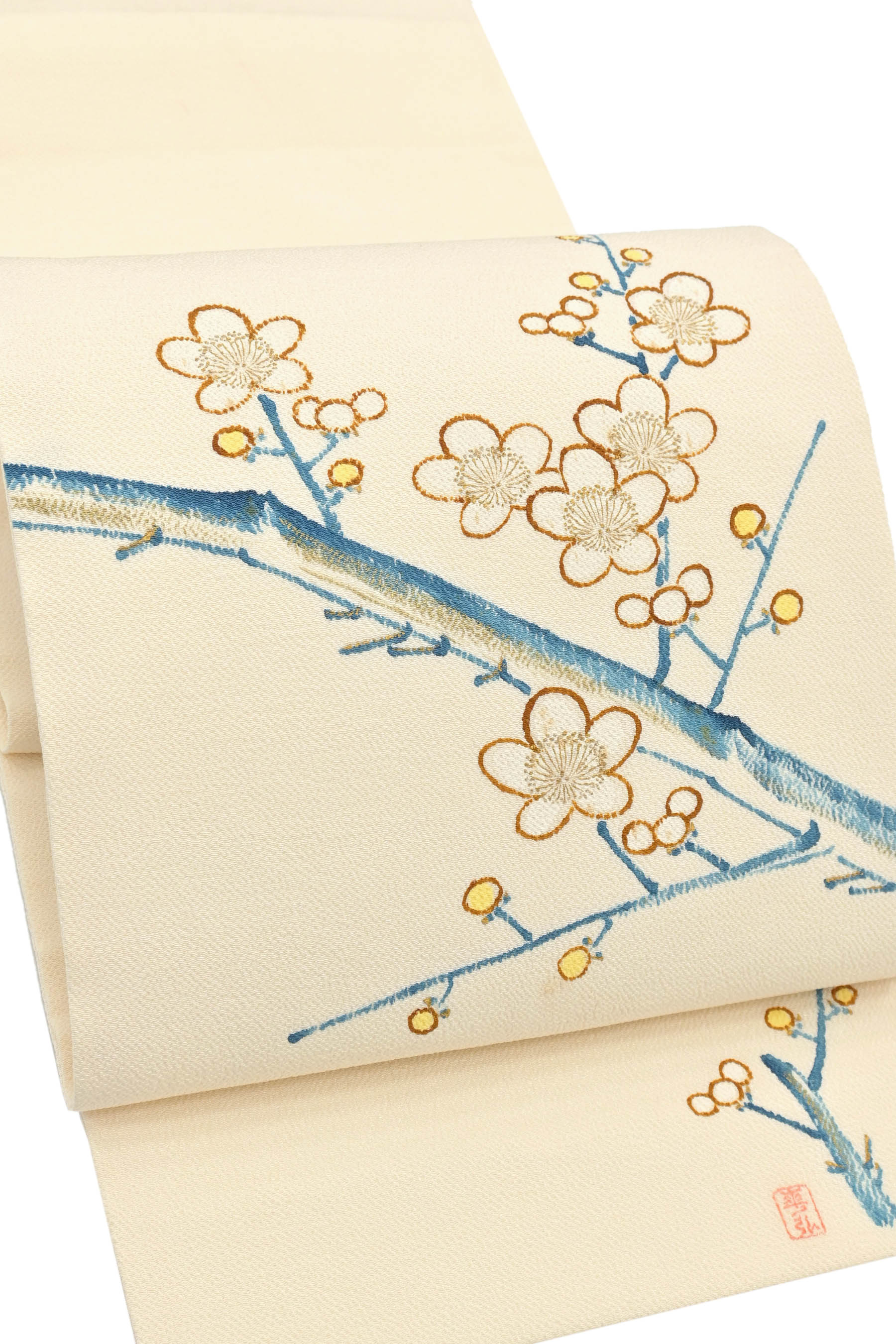 【エントリーでP10倍】 【最終大蔵ざらえ】 【人間国宝　故：森口華弘】高級本手描き友禅九寸名古屋帯 ≪御仕立て上がり・中古品≫「白梅図」 国宝作が訳あり価格で！ 華弘氏らしい梅のデザイン！