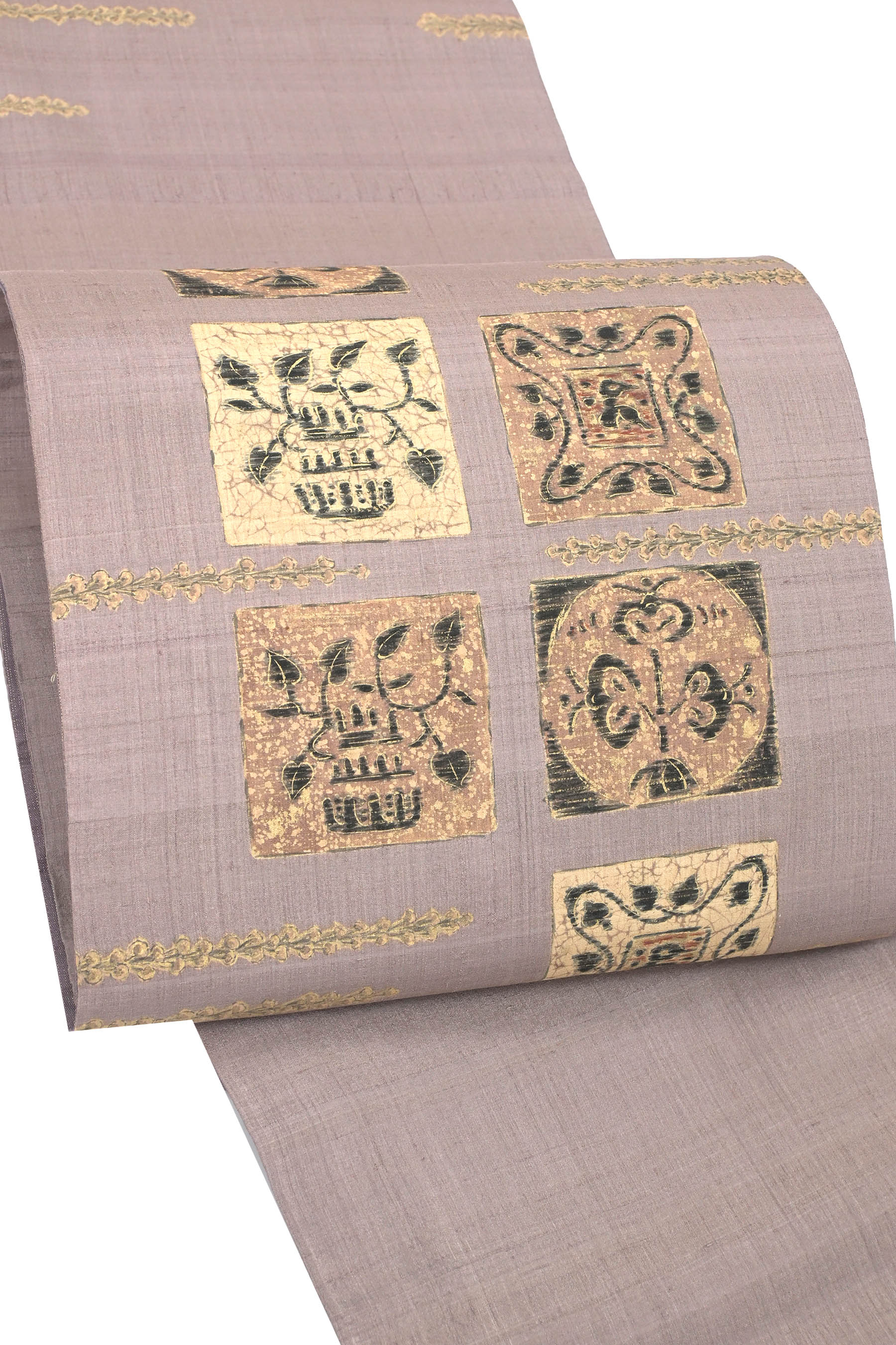 【ゴールデンムガ】 特選本手加工友禅紬袋帯 ≪御仕立て上がり・中古美品≫ 「ブロックプリント」 軽やか..