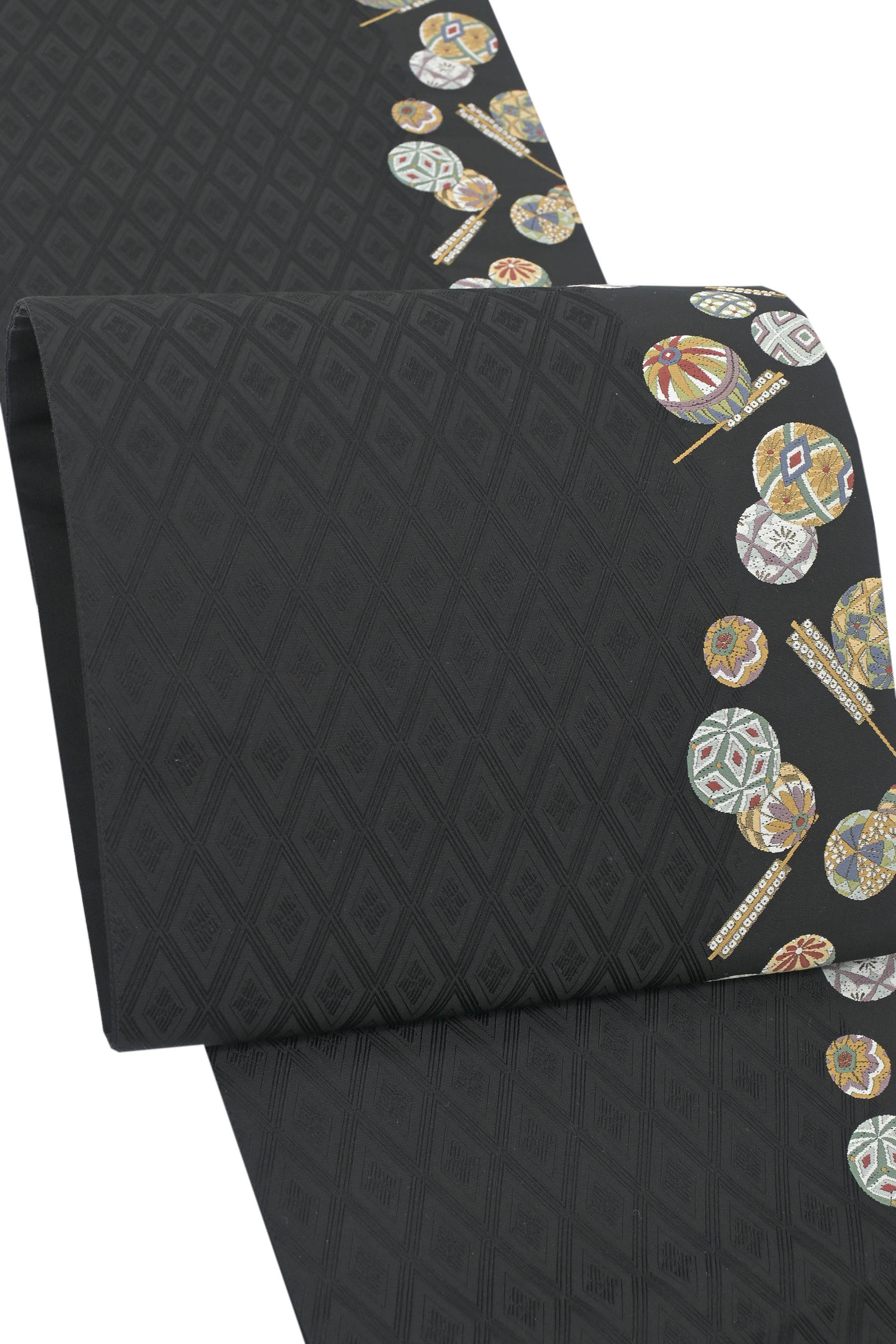 【お得なエブリデイロープライス】 正絹創作袋帯 ≪御仕立て上がり・中古品≫ 「菱襷地手毬扇紋」 小付けのデザインですっきりと