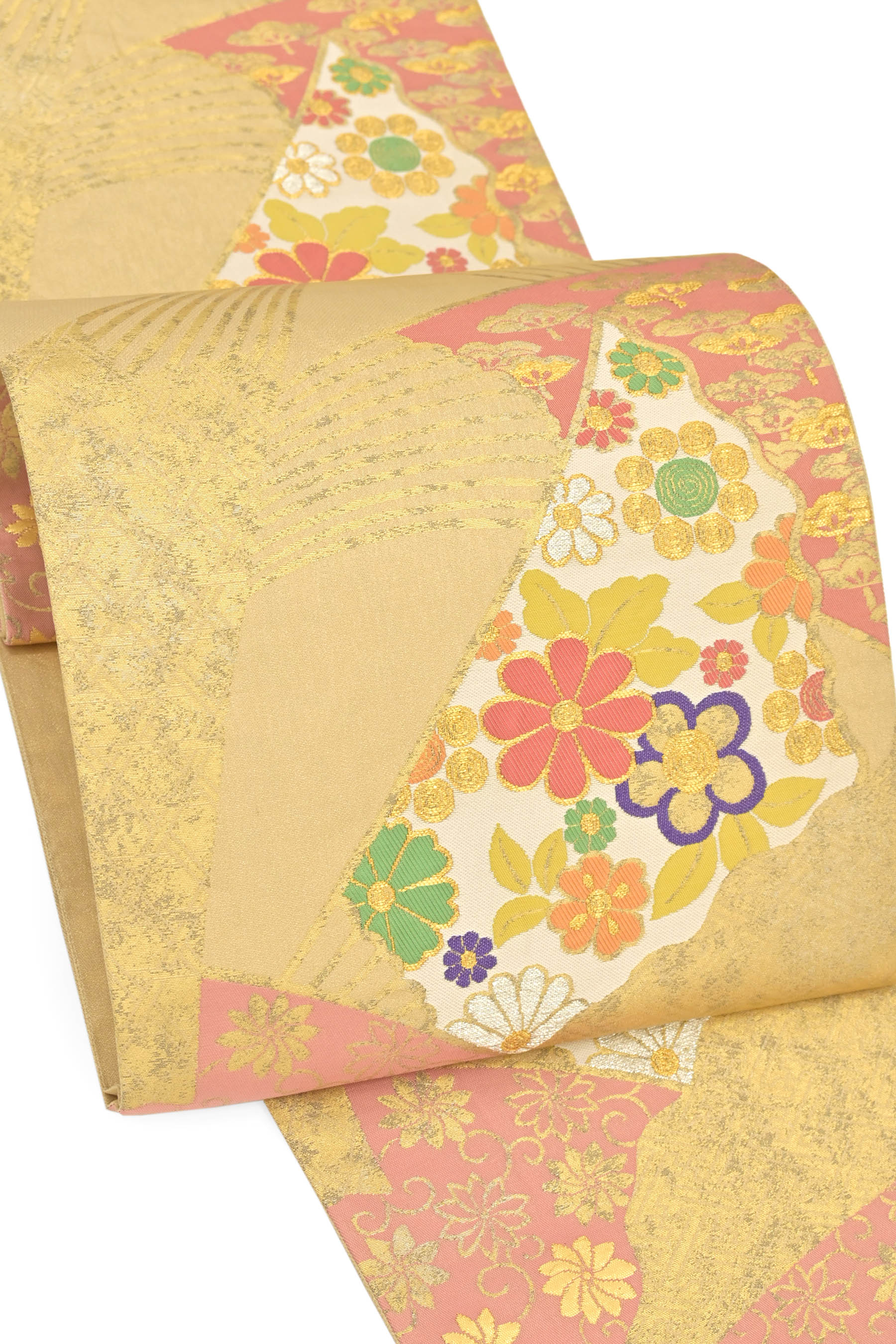 【工芸帯地　洛風林】 特選工藝袋帯 ≪御仕立て上がり・中古美品≫ 「扇取吉祥草花文・金色」 決して風化しない… 時代を超える匠技。