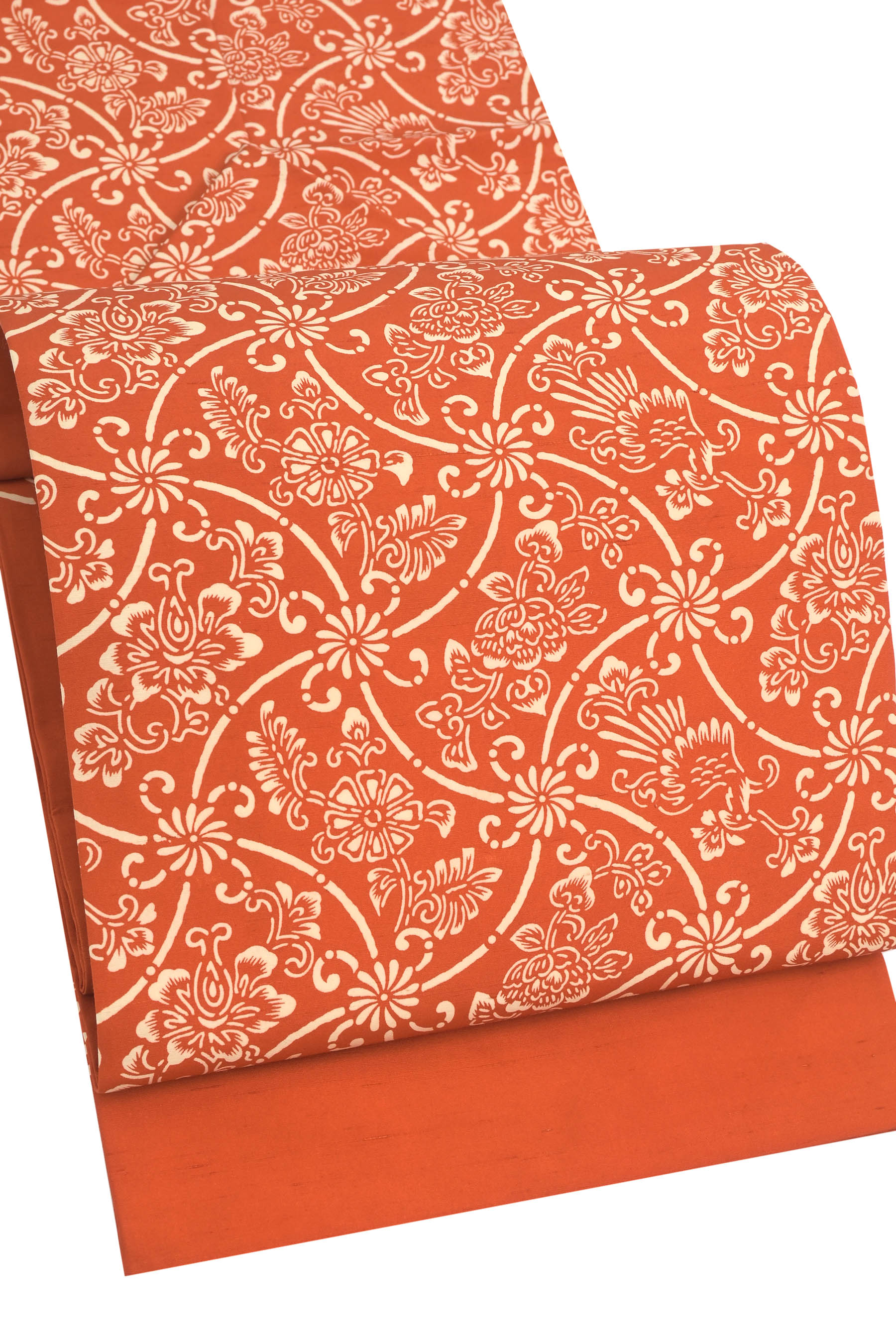 【仕立て上がり・中古】 正絹紬地型絵染九寸名古屋帯 「分銅格子に花鳥紋」 気品のしゃれ味！