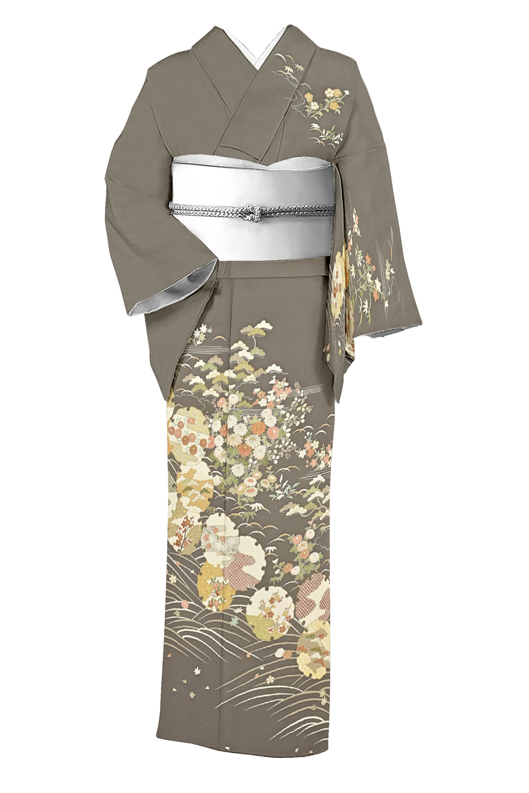 “31日迄！” 【本決算最終プライス】 【大人女性のフォーマルな装いに】 （仕・中古美品） 正絹手加工友禅訪問着 「雲波に雪輪草花」 ☆ 身丈153.4　裄62.5のサムネイル