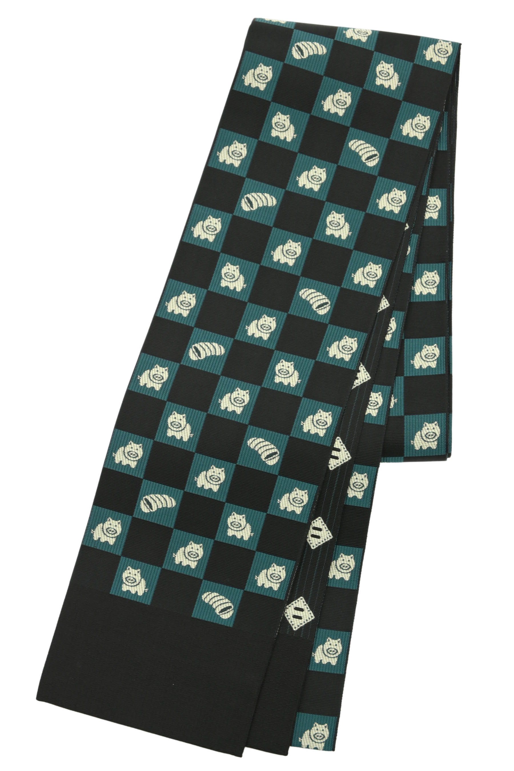 【大蔵ざらえ】 【本場筑前博多織】 特選両面半巾帯 「市松にブタとハム/縞にハート（黒?緑）」 リバーシブルで使い勝手！他にはないユニークなデザイン！