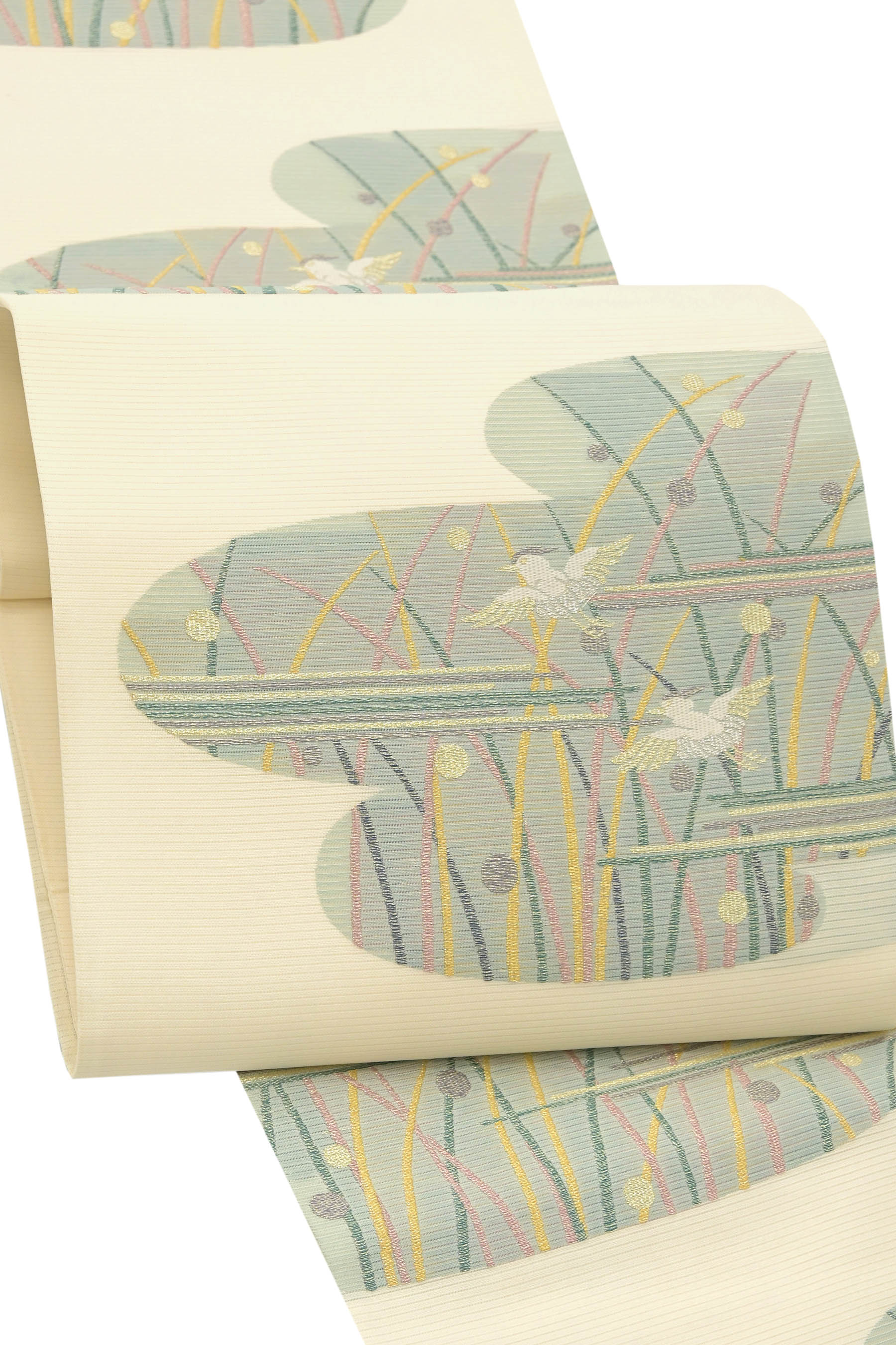 【お得なエブリデイロープライス】 【夏帯】 正絹絽袋帯 ≪御仕立て上がり・中古美品≫ 「霞取千鳥露芝紋」 盛夏に風情ある帯姿 箔糸使いで涼やかな印象に