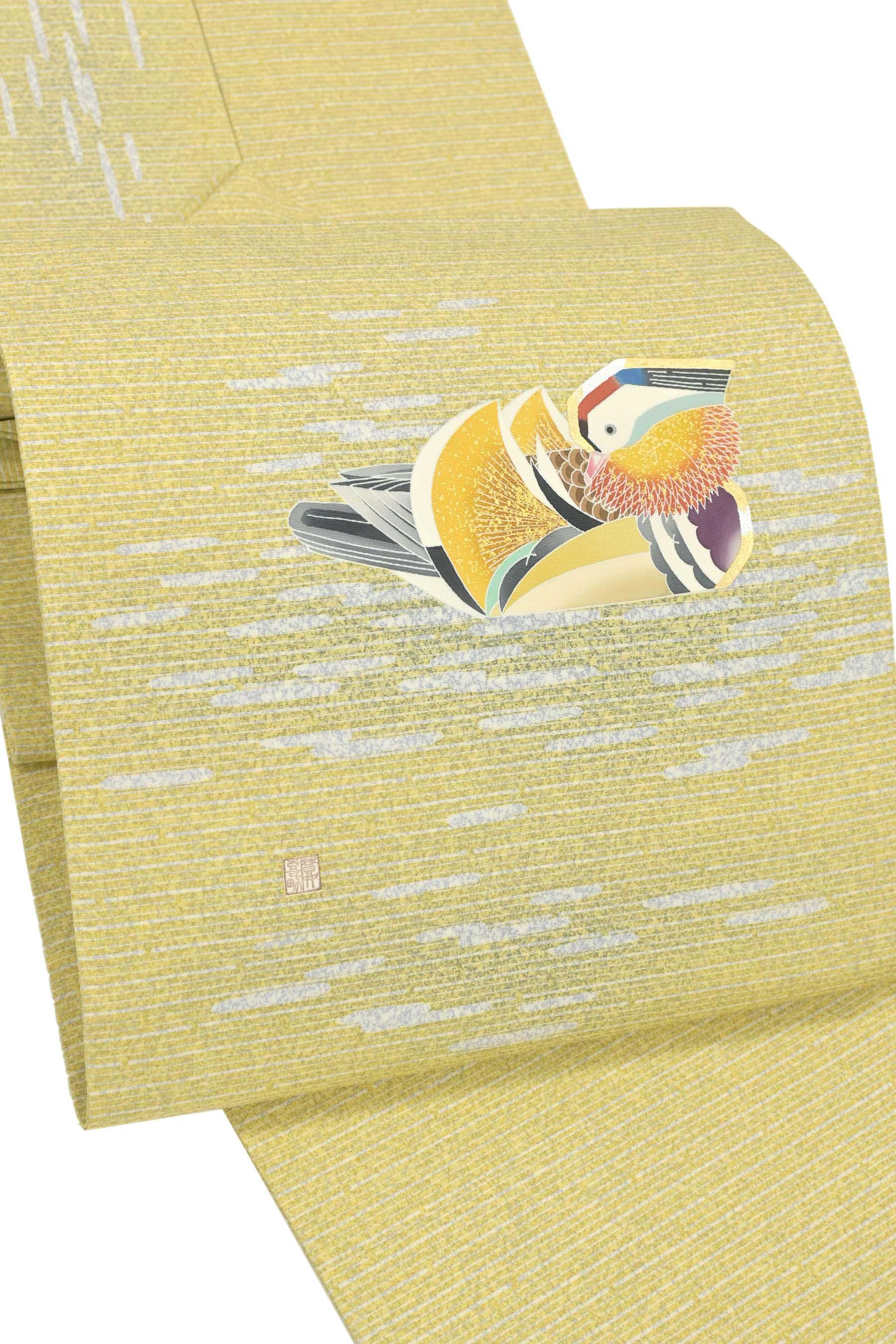 【大蔵ざらえ】 【人間国宝　故：羽田登喜男】 本手挿し友禅九寸名古屋帯 金彩加工・塩瀬地 ≪御仕立て上がり・中古美品≫ 「湖水鴛鴦図」 羽田登喜男氏の代表的なお柄！