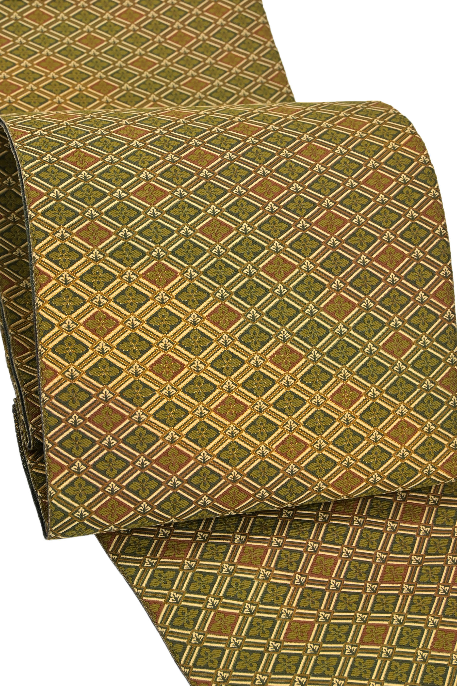 【15%OFFクーポン対象】 【福絖織物】 【伝統工芸士 上石辰男】 本場筑前博多織佐賀錦袋帯 両面全通柄 ≪御仕立て上がり・中古美品≫ 「華菱尽し」 魅惑の美匠… 博多織の美の真髄。