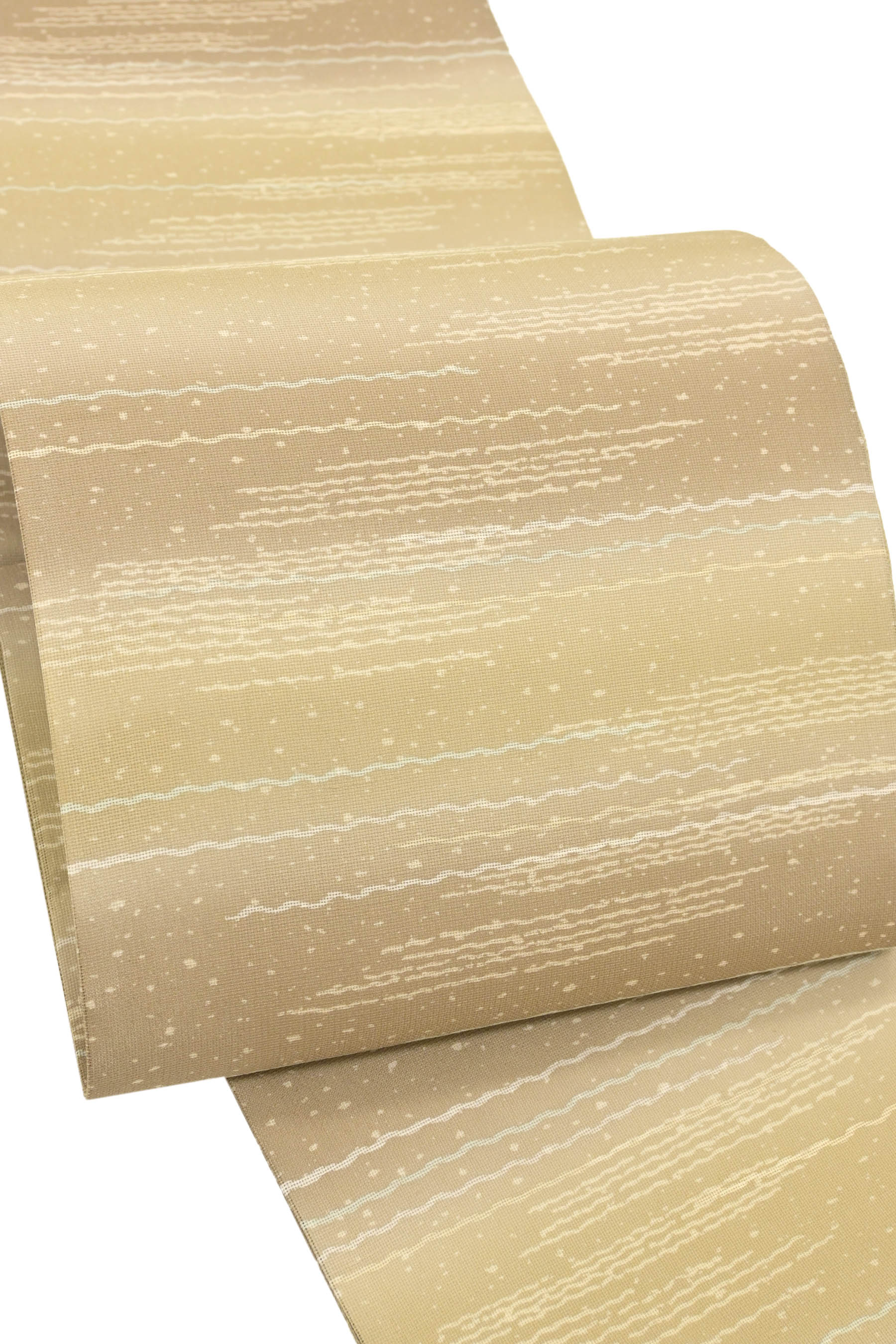 【大蔵ざらえ】 【単衣・夏帯】 【白山工房　夏牛首】 特選本手加工友禅手織り紗紬地袋帯 ≪御仕立て上がり・中古美品≫ 「彩段文」 希少な手織りの夏牛首！ 上質な夏の装いに！