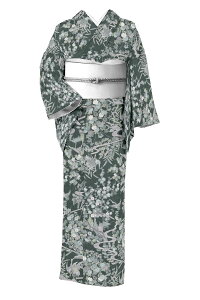【夏物】 特選創作絹縮地染小紋 ≪御仕立て上がり・中古品≫ 「彩花瑞鶴茶屋辻図」 涼の素材感 夏のシックなカジュアル 身丈155 裄63.5