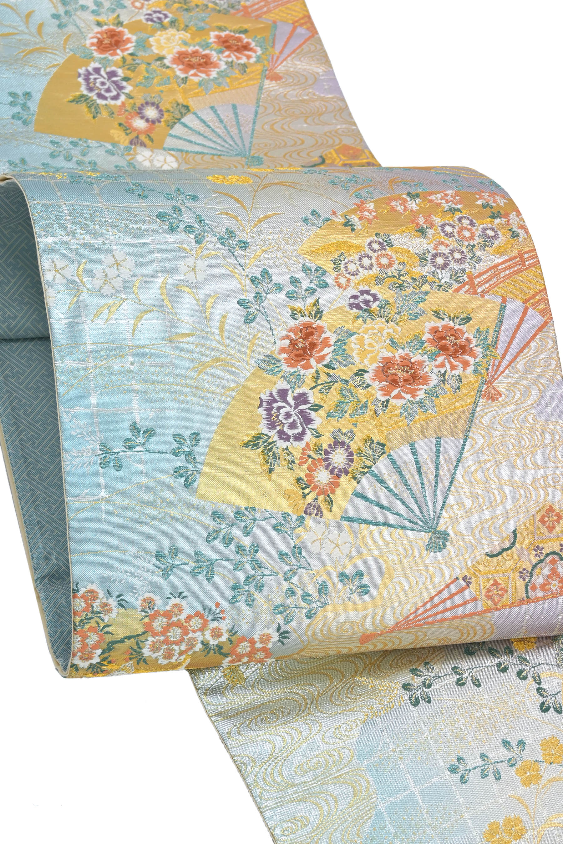 【華やぎフォーマル】≪お仕立て上がり・新古品≫正絹袋帯「扇面に花々」箔に上品な輝き！