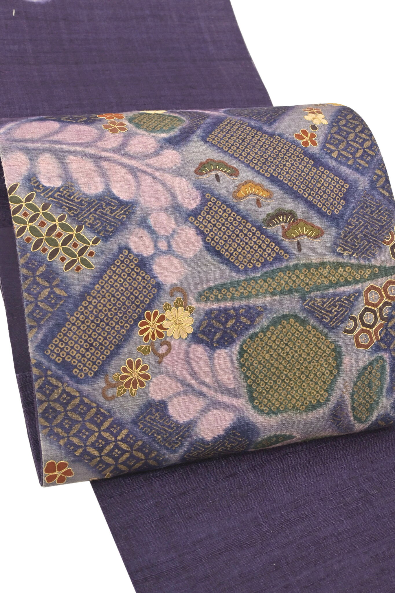 【年に一度の本決算バーゲン】 【野蚕紬】 特選手染手刺繍野蚕紬地袋帯 ≪御仕立て上がり・中古美品≫ 「有職草花縫文」 素材良し、加工良し! 味わい深い逸品洒落帯!