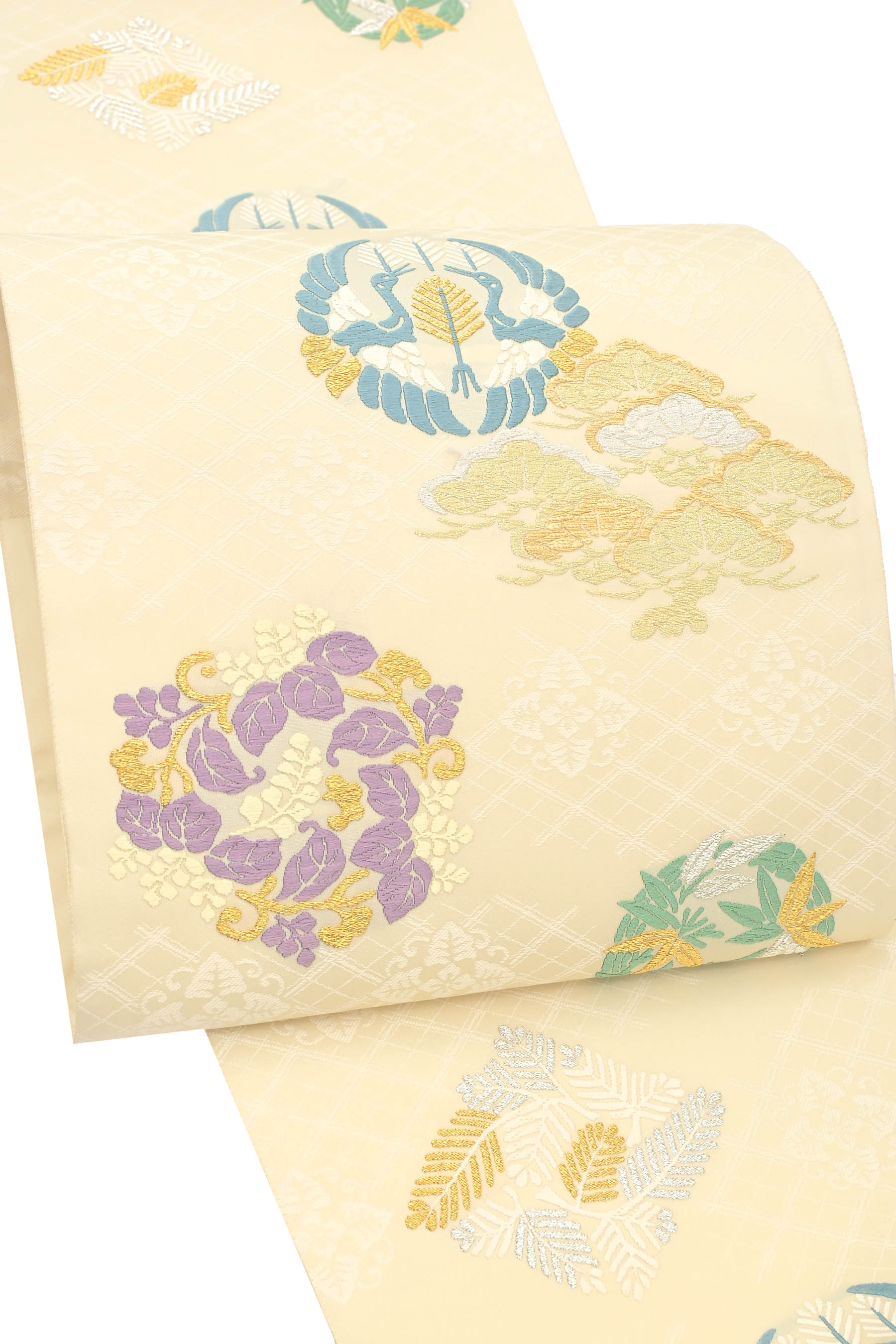 【お得なエブリデイロープライス】 特選唐織袋帯 ≪御仕立て上がり・中古美品≫ 「襷地吉祥花丸紋」 優彩の品良いデザイン こだわりの別腹！