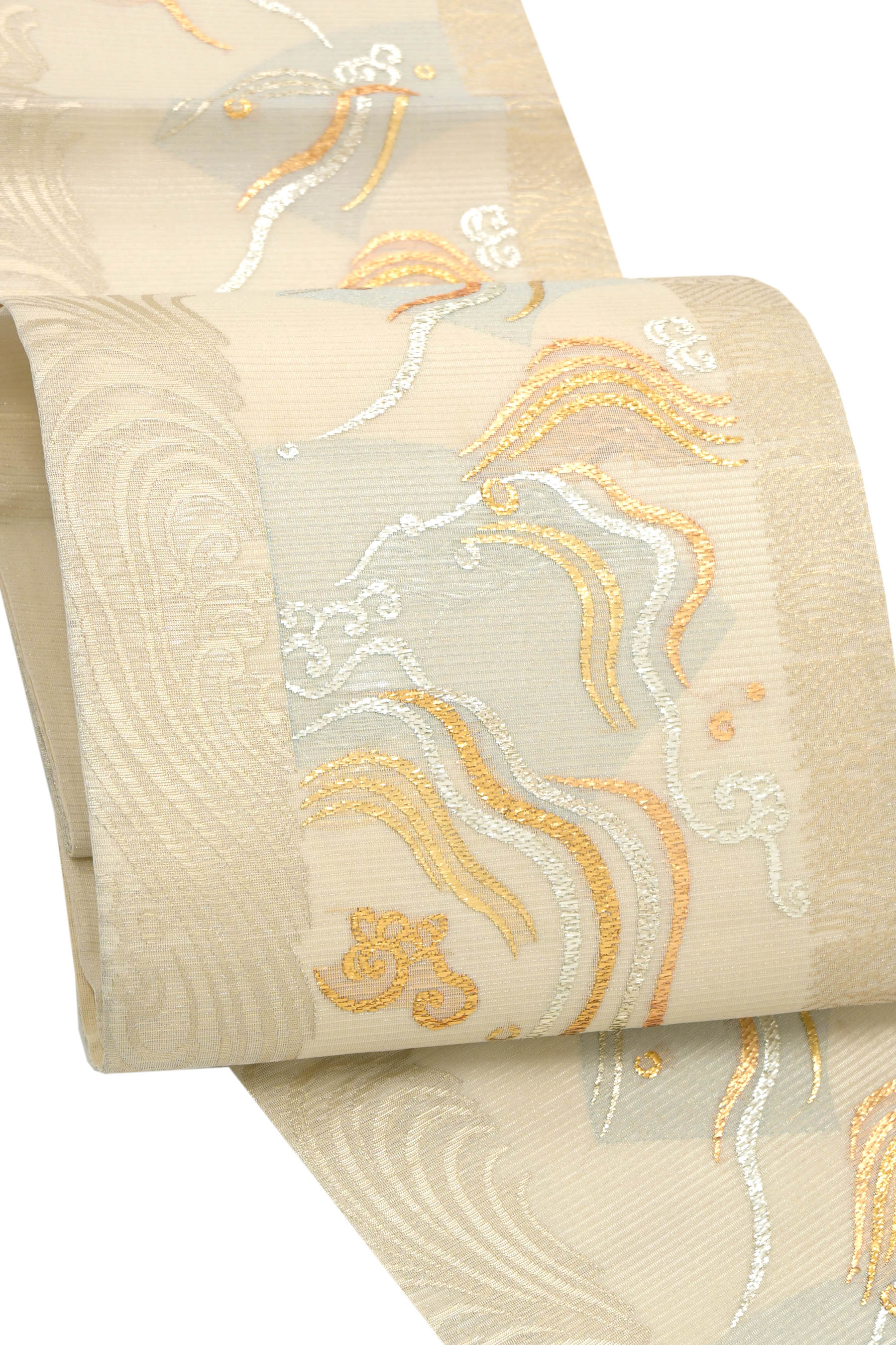 【お得なエブリデイロープライス】 【夏帯】 正絹創作紗京袋帯 ≪御仕立て上がり・中古美品≫ 「流水波濤地紙間道紋」 キラリ、金銀糸で涼味を スマートな夏のフォーマルに