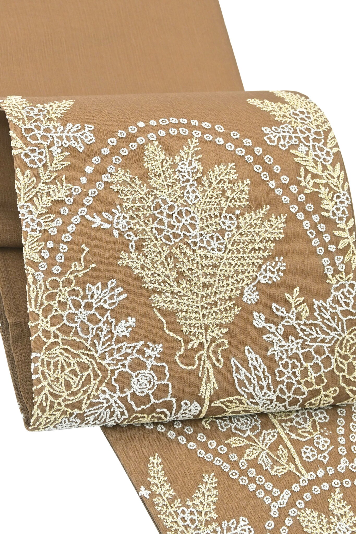 【紫峯】 特選総手刺繍袋帯 すくい織帯地使用 ≪お仕立て上がり・中古美品≫ 「相良刺繍 更紗のアーチ」 圧巻の刺繍美! ふっくら艶やかに…繊細な工芸帯!