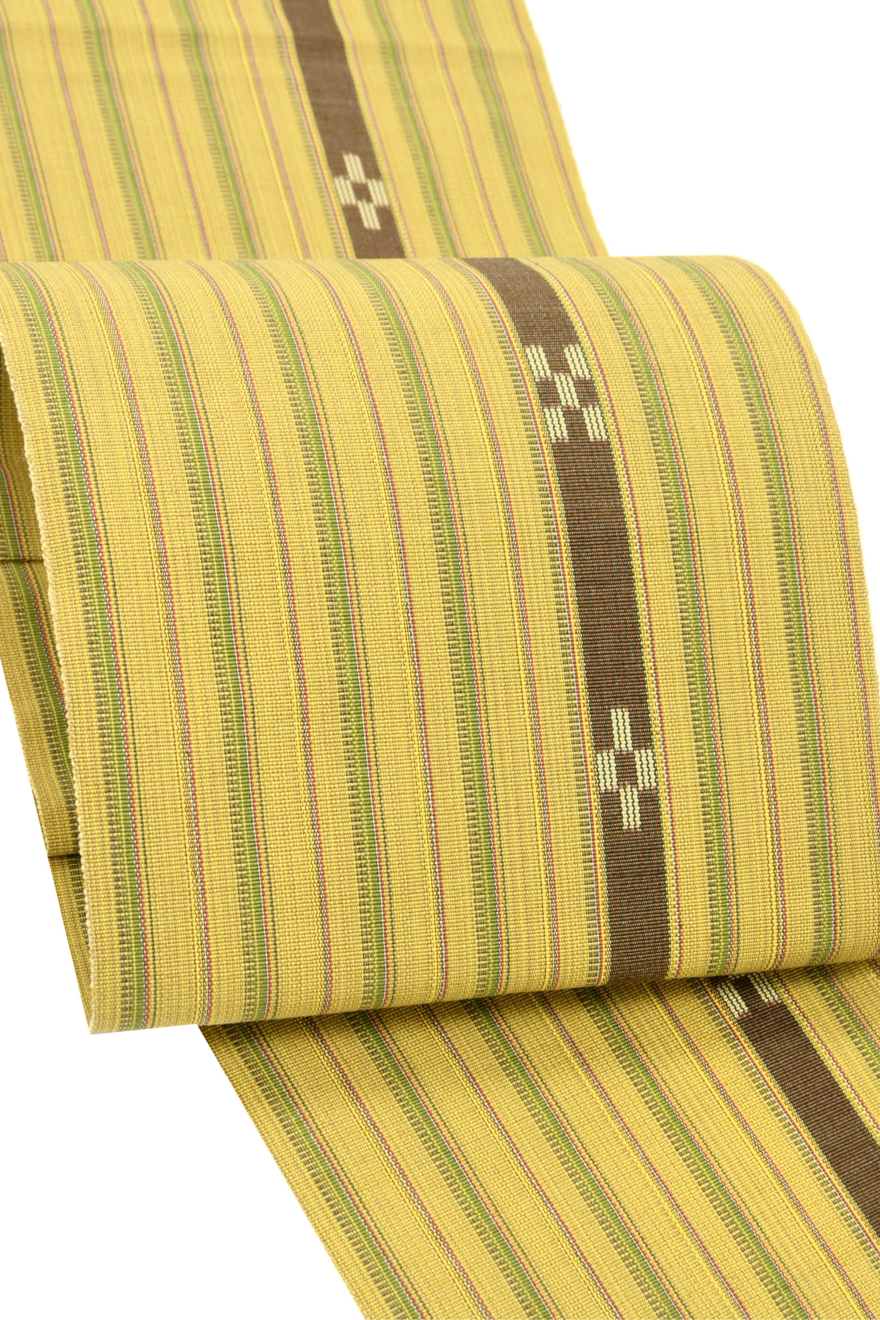 【大蔵ざらえ】 【八重山ミンサー】 特選手織り八寸名古屋帯 ≪御仕立て上がり・中古美品≫ 「黄色×白茶色」 心で紡ぐ彩りの織！