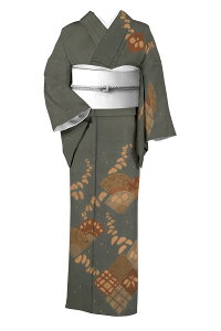 正絹手絞り染紬訪問着 絹縮地 ≪単衣仕立て・中古品≫ 「小袖辻ヶ花扇紋」 単衣の時期に心地よく こだわりの洒落着物 身丈163 裄68