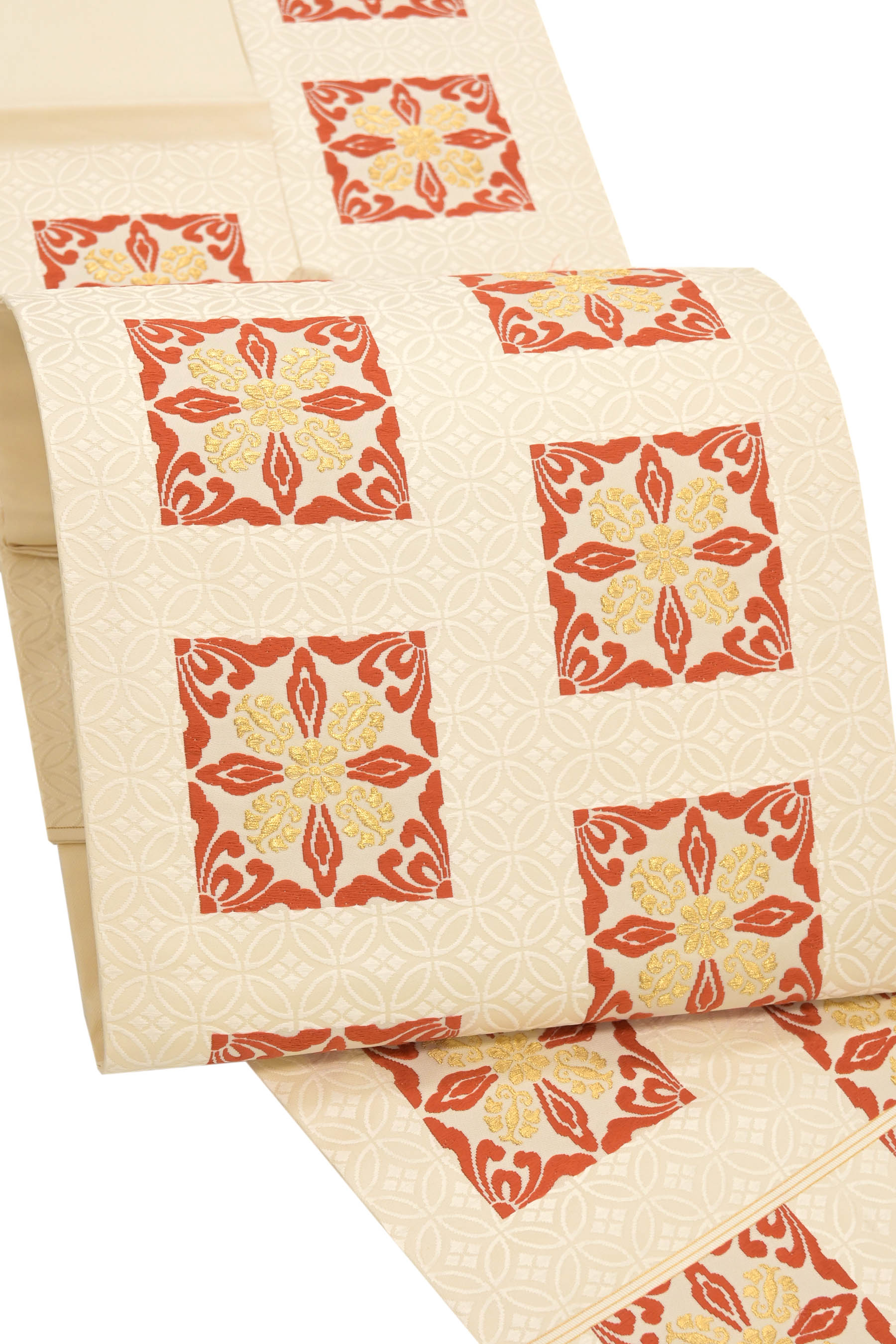 【人間国宝　喜多川俵二】 重要無形文化財保持者 傑作唐織錦九寸帯 ≪御仕立て上がり・中古美品≫ 「有職七宝花市松文」