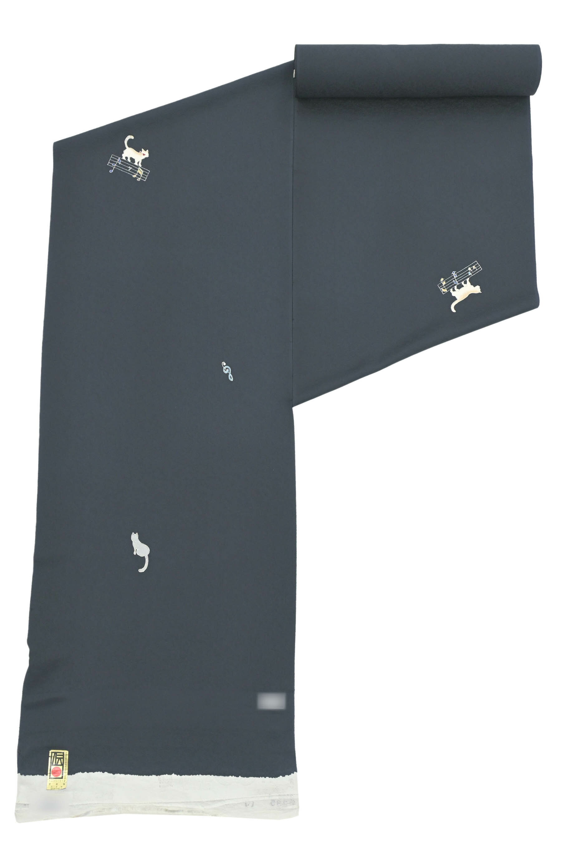 【大蔵ざらえ】 名門【白木染匠】 本手描き京友禅小紋着尺 伝統色工芸品 「猫に五線譜」 手描き友禅の逸品小紋！ ネコ好き必見！