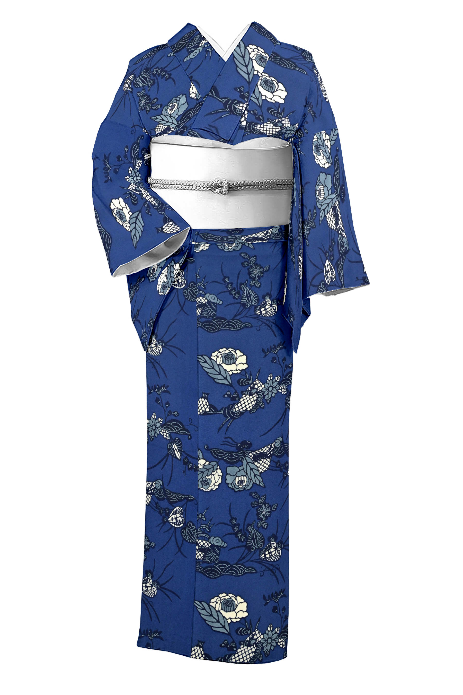 特選型染小紋 ≪御仕立て上がり・中古美品≫ 「椿に葵」 華やぐ碧のコントラスト！ 着丈151　裄61.5