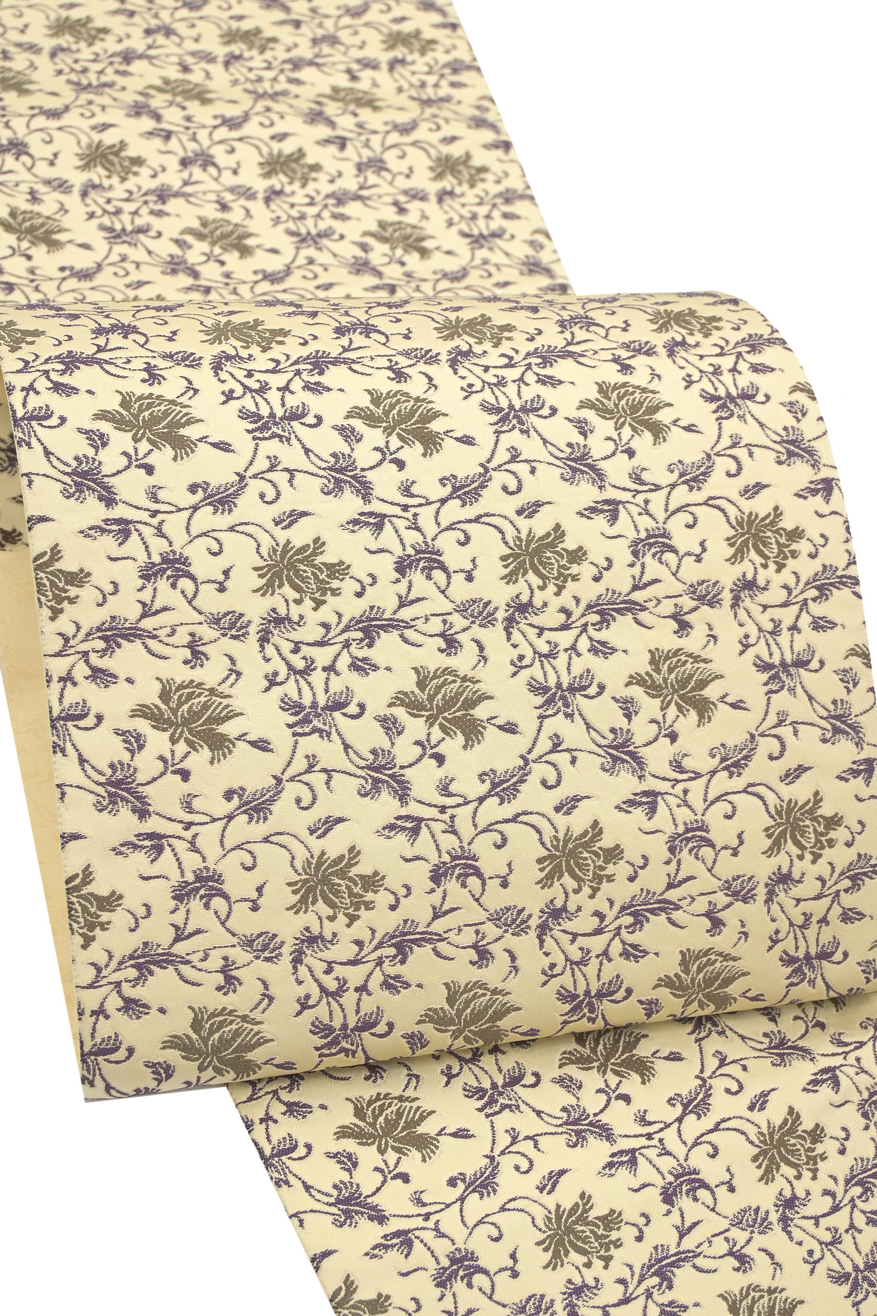 【お得なエブリデイロープライス】 正絹創作袋帯 麹塵染 ≪御仕立て上がり・中古美品≫ 「蔓花唐草紋」 ..