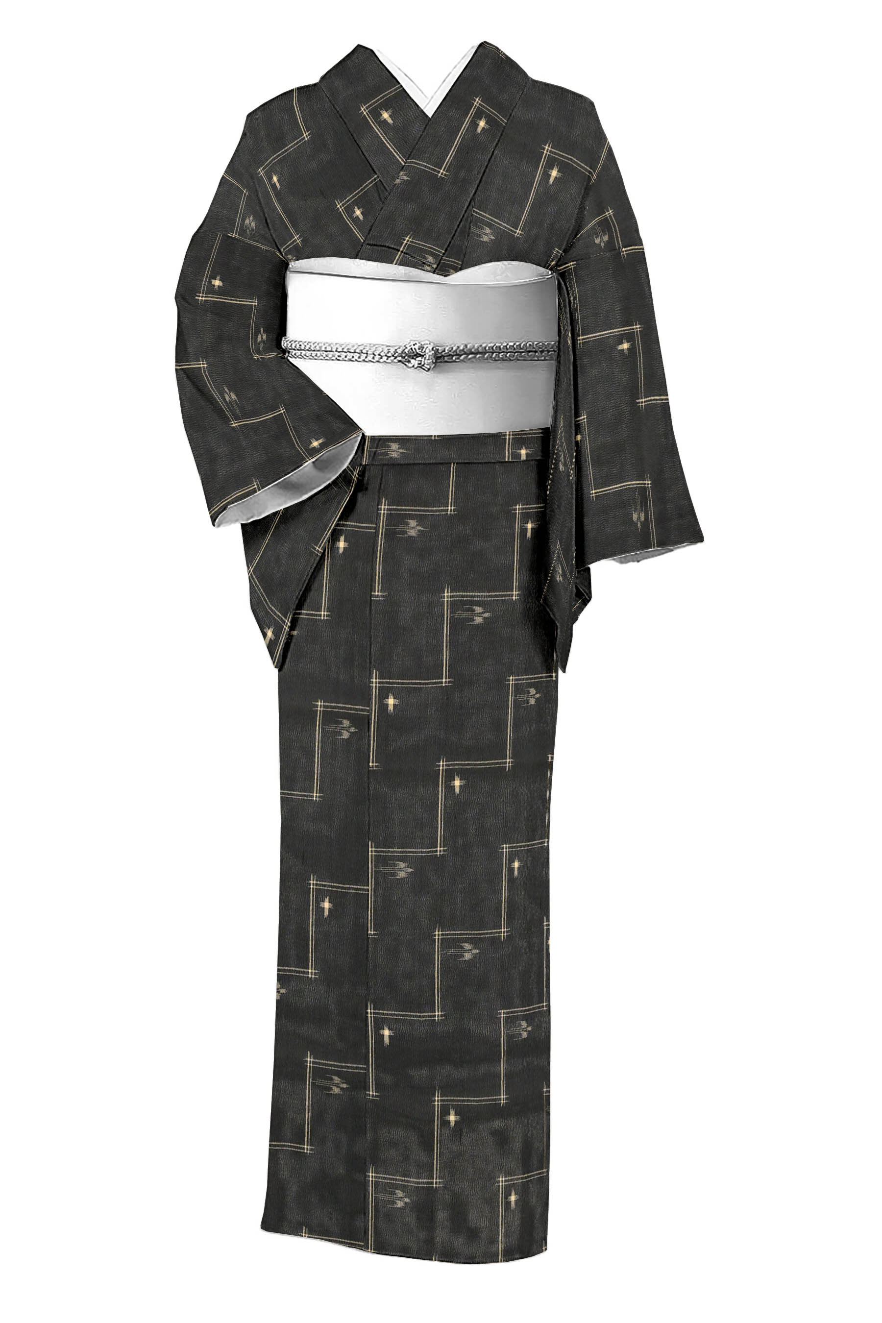 【ブラックフライデー限定】 【夏物】 特選絣紗紬 ≪御仕立て上がり・中古美品≫ 「バンジョーにトゥイグワー」 シンプル重宝！ 上質夏物！ 身丈163　裄67(4)