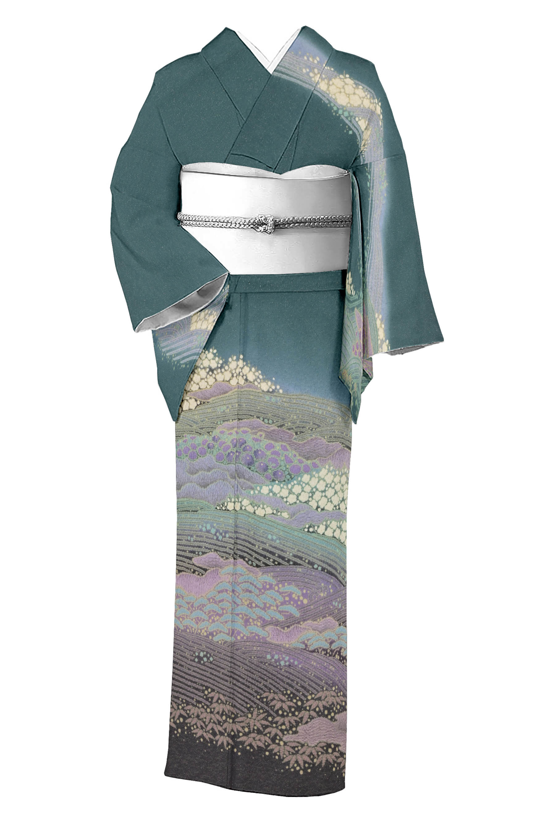 【大蔵ざらえ】 【十日町友禅絞り工房　滝泰】 特選手絞り染訪問着 ≪御仕立て上がり・中古美品≫ 「波涛に松竹梅」 シックな絞りと刺繍の立体感！ 身丈160　裄68**