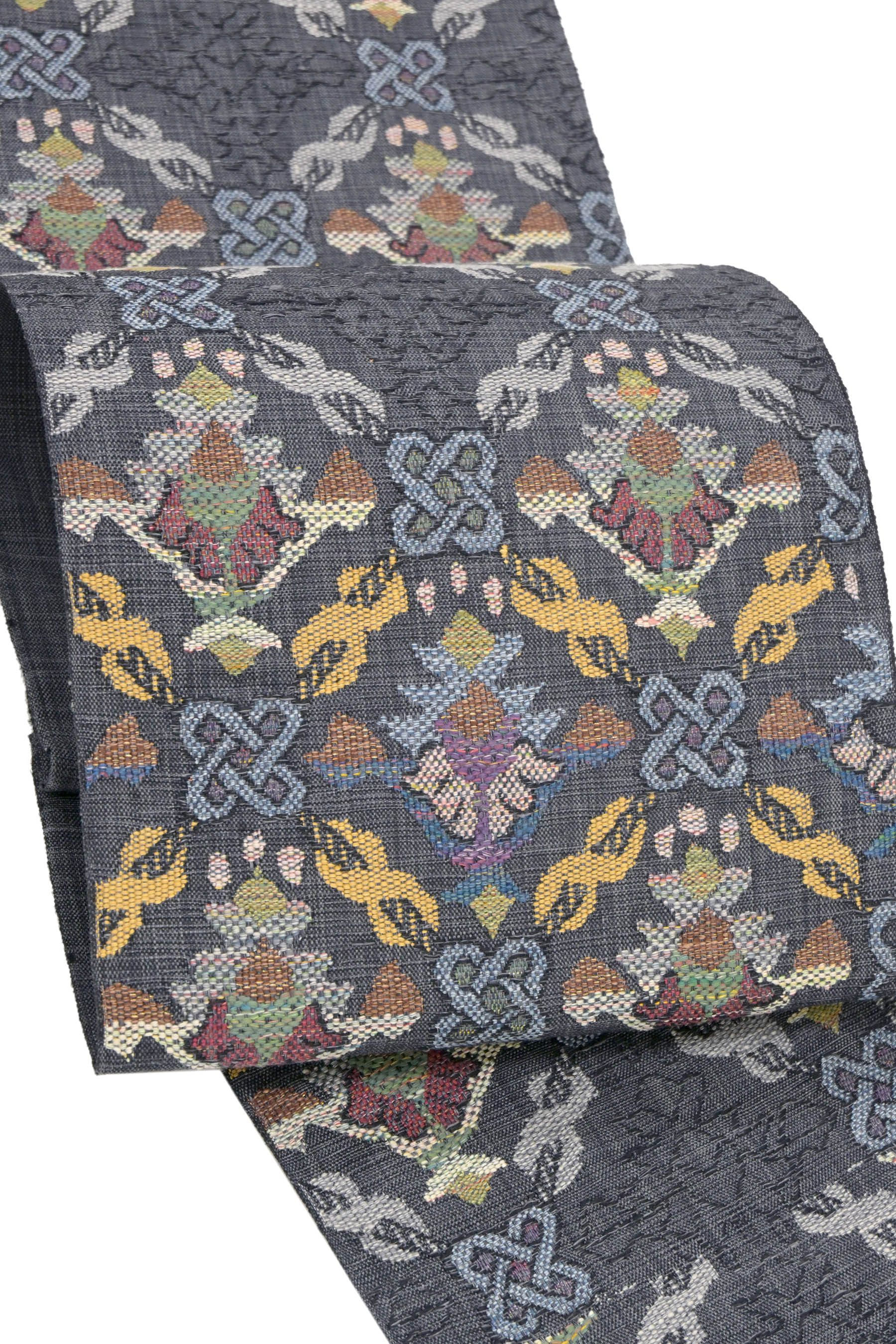 【お得なエブリデイロープライス】 特選真綿紬八寸名古屋帯 ≪御仕立て上がり・中古美品≫ 「異国花菱鎖..