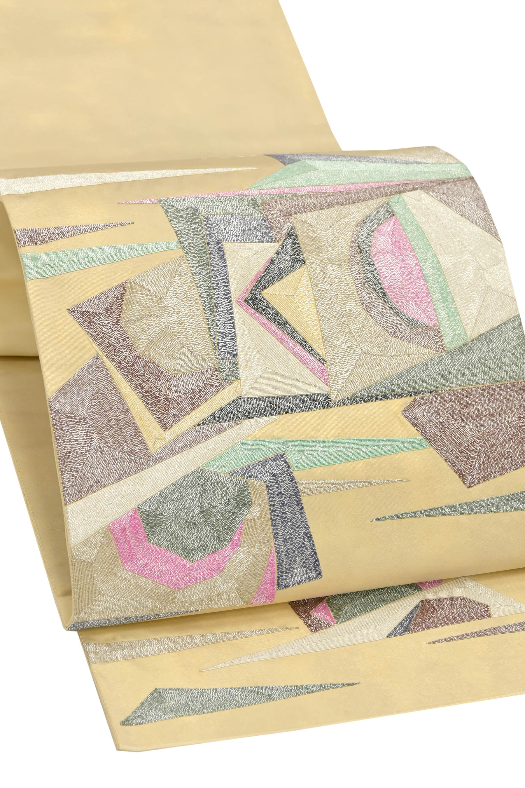 【霜月在庫処分！】【小篠綾子】 仕・中古美品！ 蘇州刺繍袋帯 引箔　「霞に色紙幾何紋」 長尺　印象のシルエット！長尺