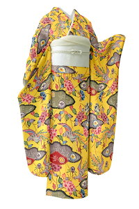 【城間家十四代 故・城間栄喜】 傑作本場琉球紅型お振袖 長襦袢セット ≪仕・中古美品≫ 「瑞雲鳳凰図」 なんと栄喜氏の振袖! 出会えたことが奇跡… 身丈163 裄67